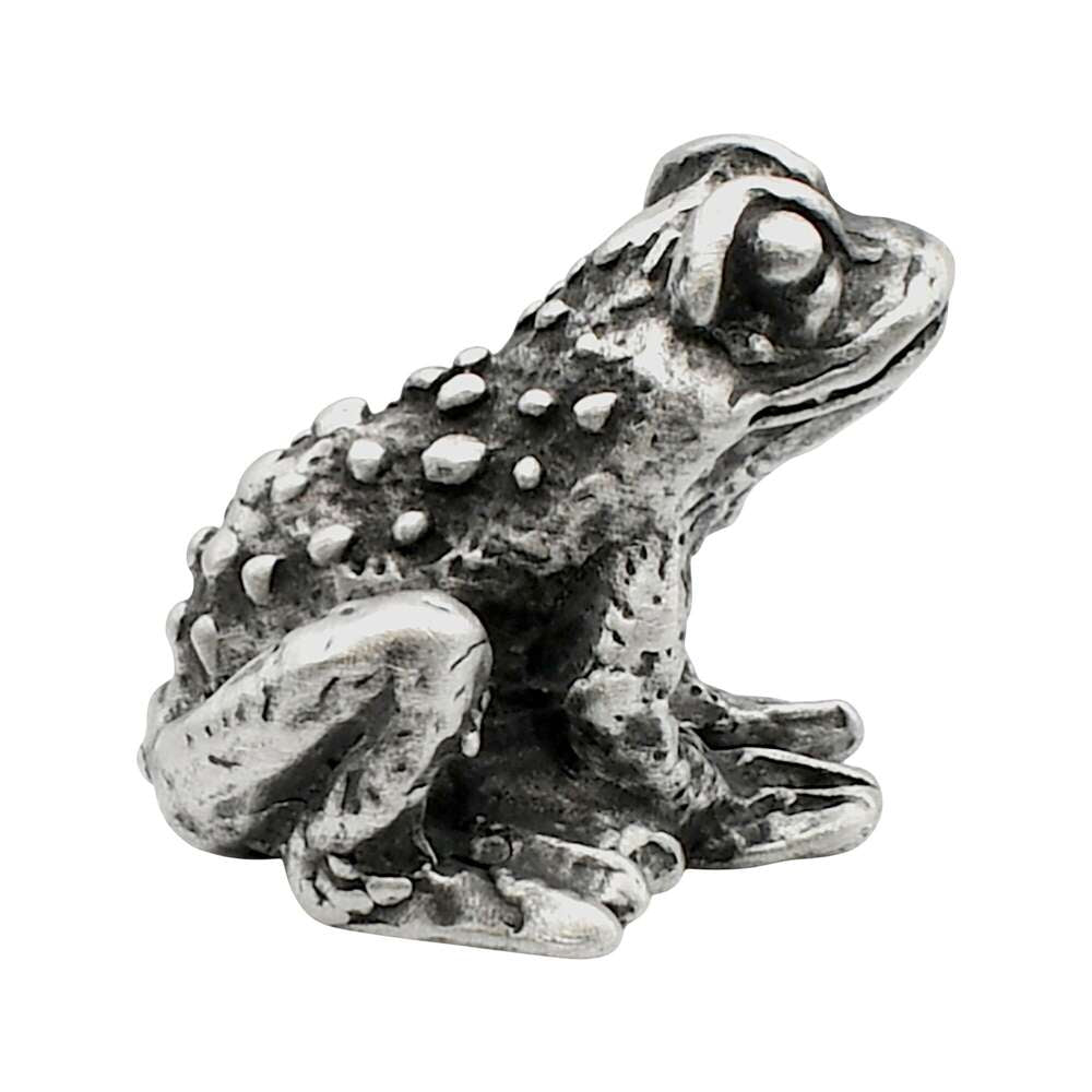 English-made pewter toad figurine ornament, opposite side view displaying detailed bumps, legs and feet