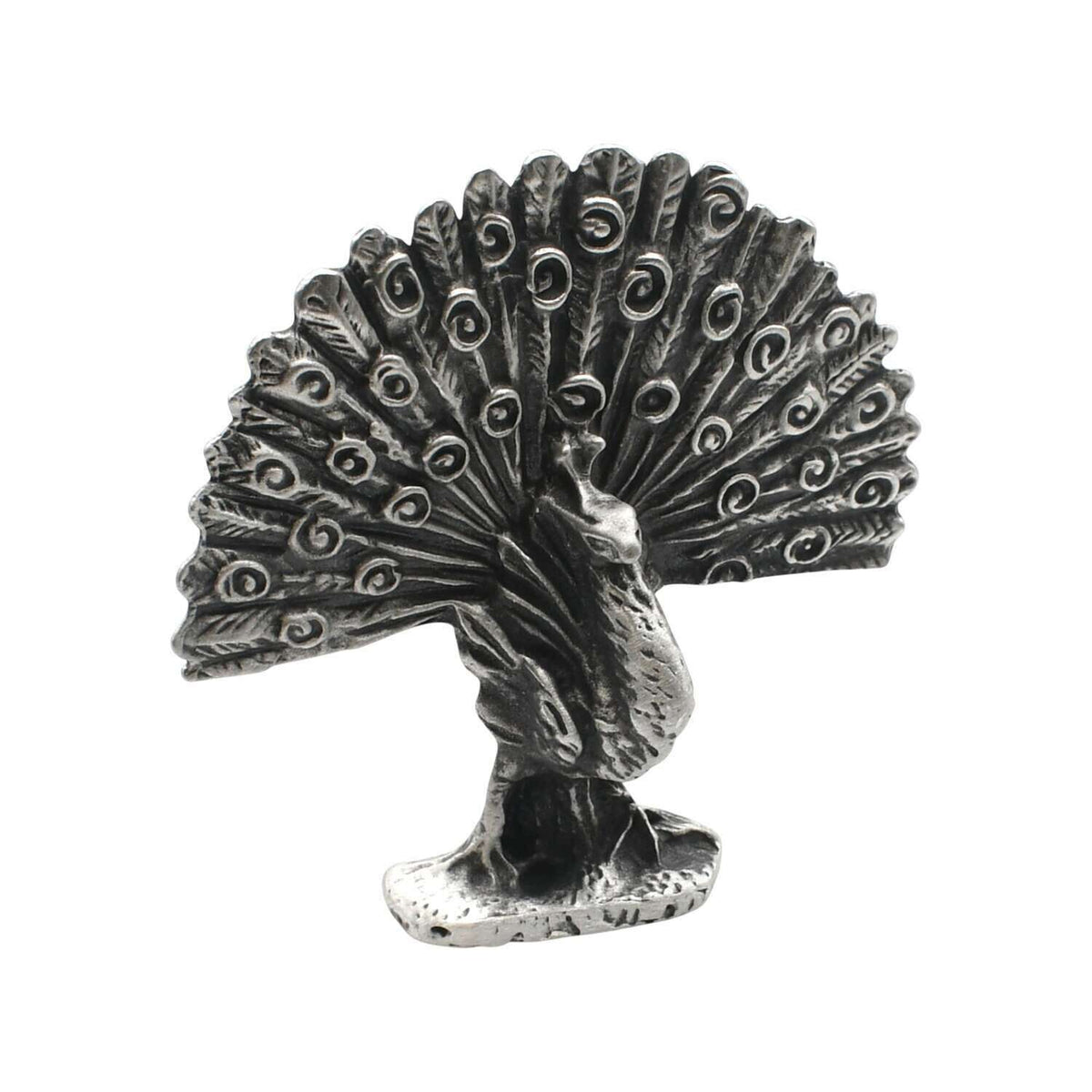 English-made pewter peacock figurine ornament, front view showing a fully fanned tail with decorative eye feather patterns