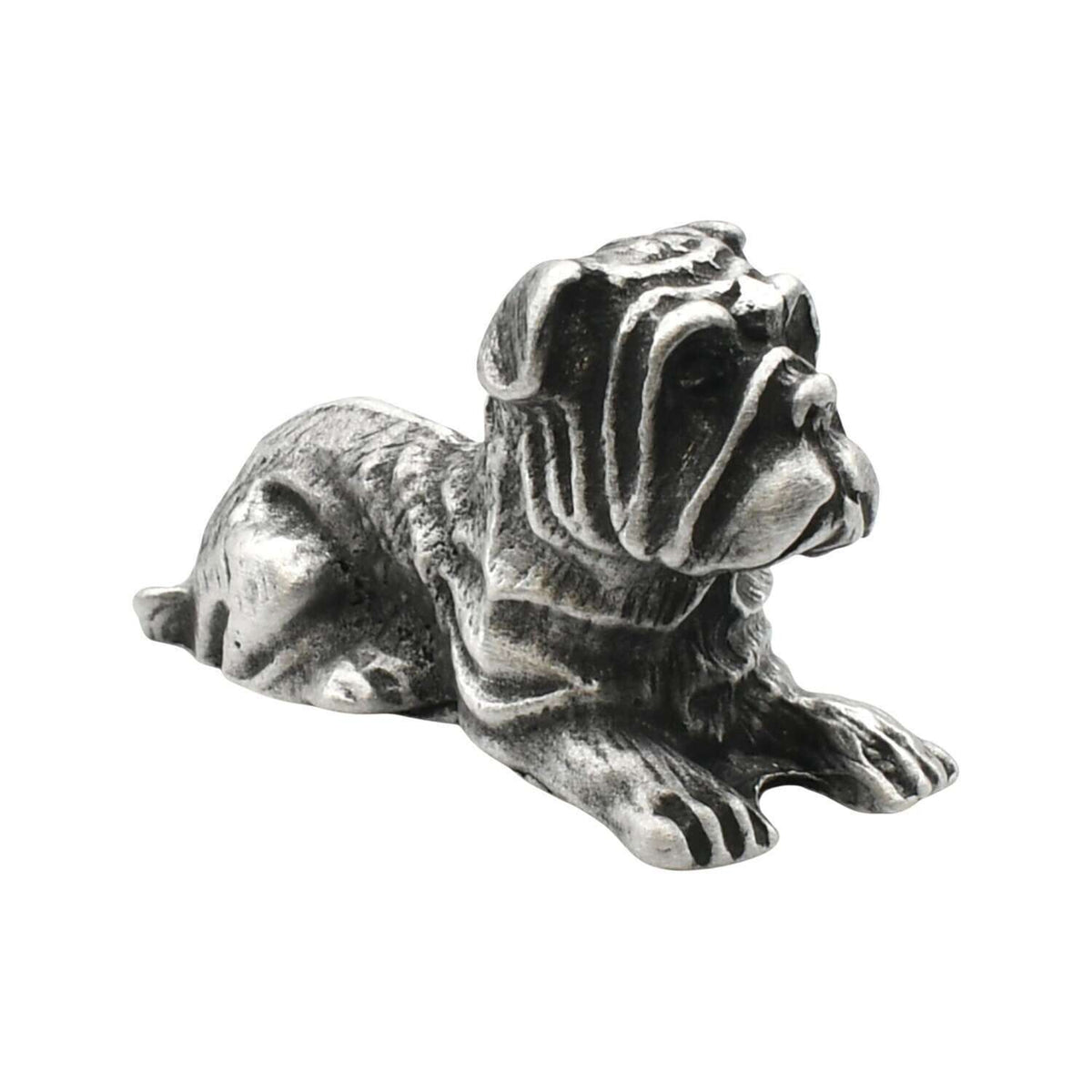 English-made pewter bulldog figurine ornament lying down with wrinkled face and outstretched paws, first side view