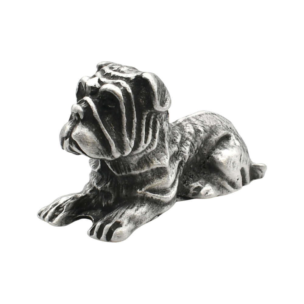 English-made pewter bulldog figurine ornament, opposite side showing stocky body, folded ears and detailed facial wrinkles