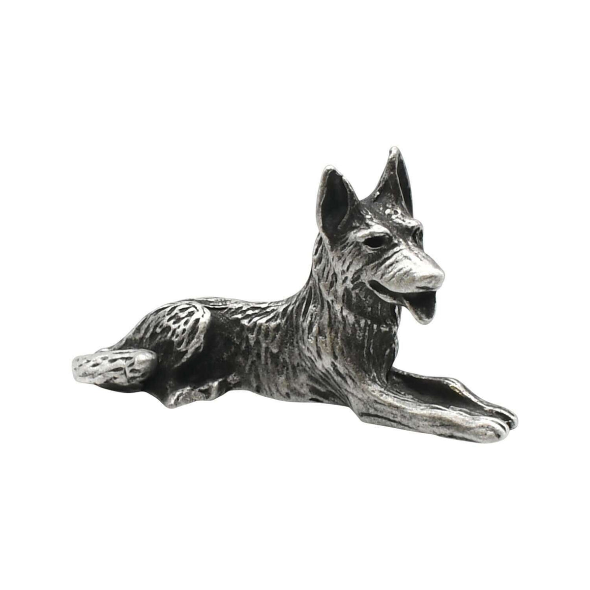 English-made pewter Alsatian German Shepherd dog ornament, lying down with upright ears and front legs extended