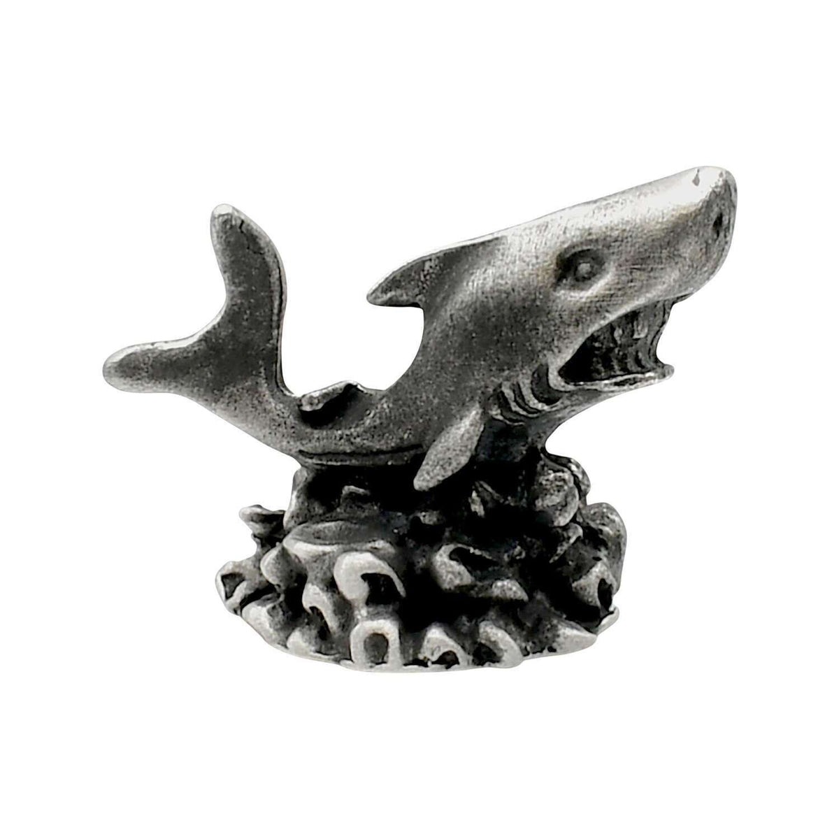 English-made pewter shark figurine ornament with open jaws, visible teeth, dorsal fin and textured seabed base