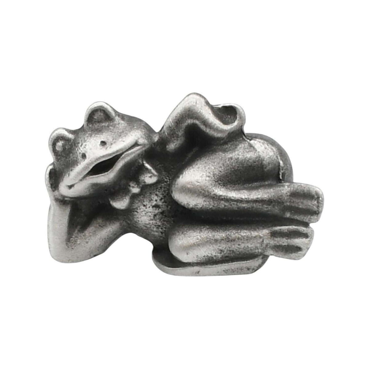 English-made pewter comic frog figurine, reclining with head resting on one hand and legs stretched out – front view