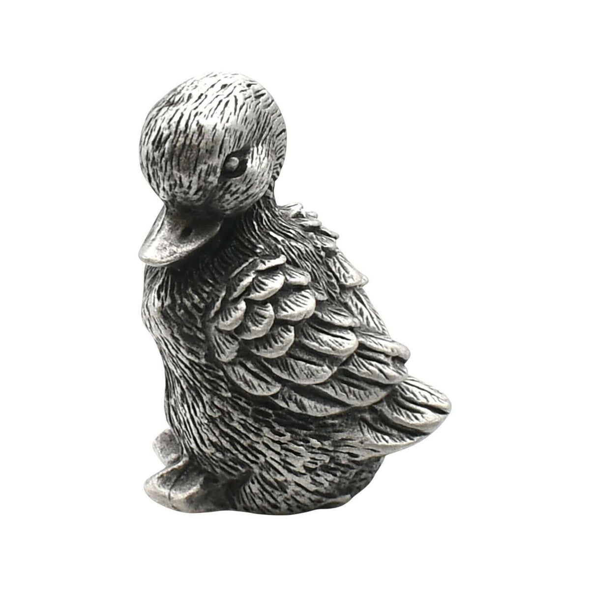 English-made pewter preening duck ornament – opposite view showing feather detail and curved neck