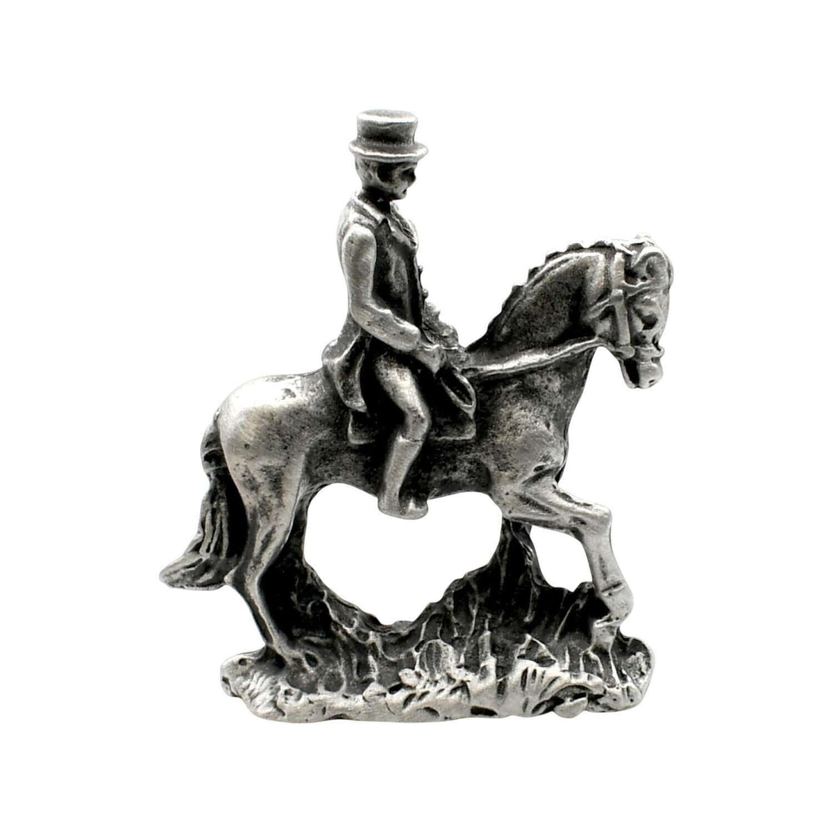 English-made pewter horse and rider figurine ornament, first side view with formally dressed rider and stepping horse