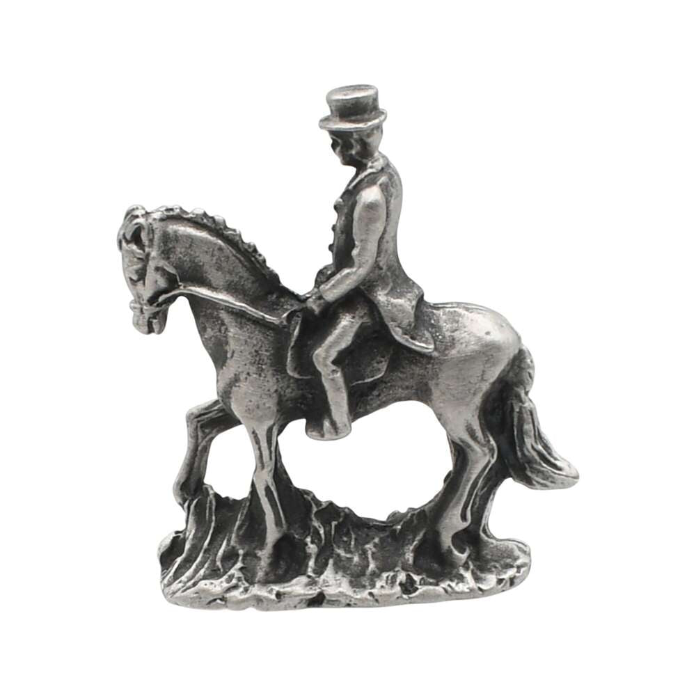 English-made pewter horse and rider figurine ornament, opposite side view showing top hat, horse's mane, tail and textured base