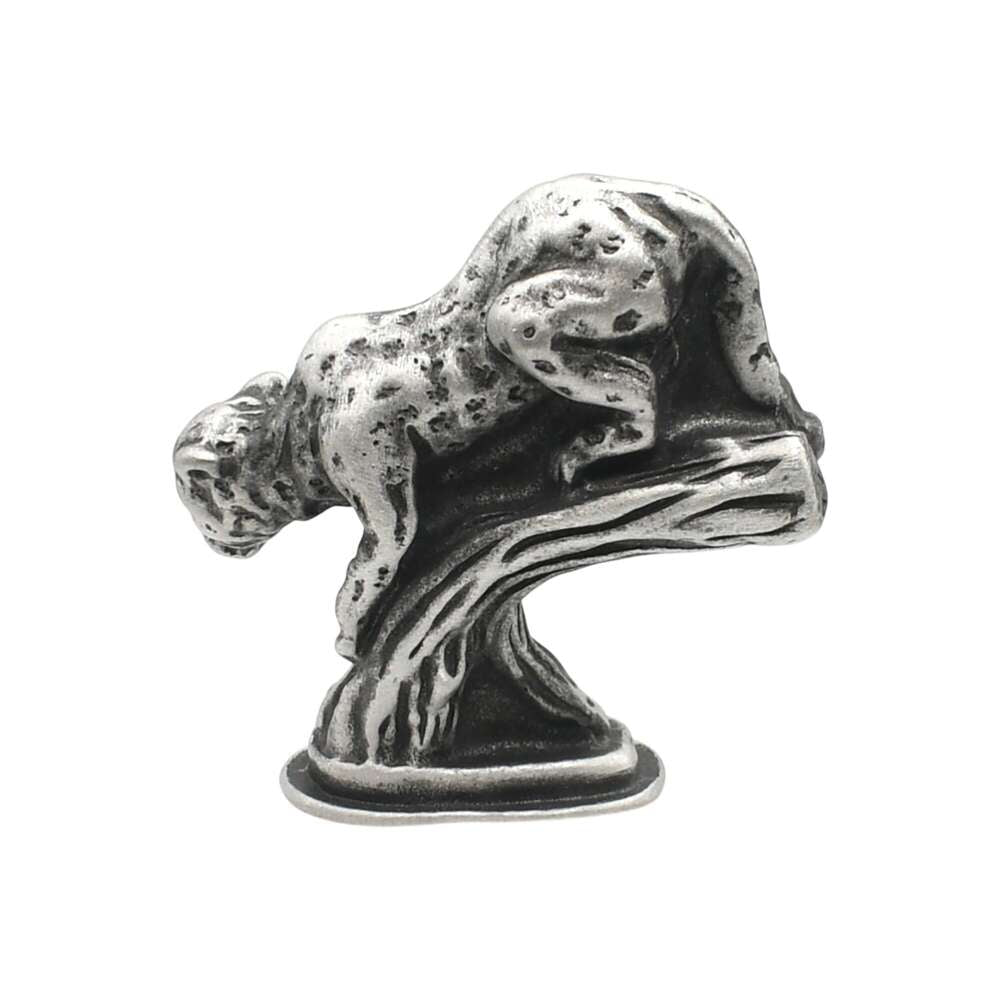 English-made pewter leopard ornament, opposite side view with curled tail and sculpted tree branch
