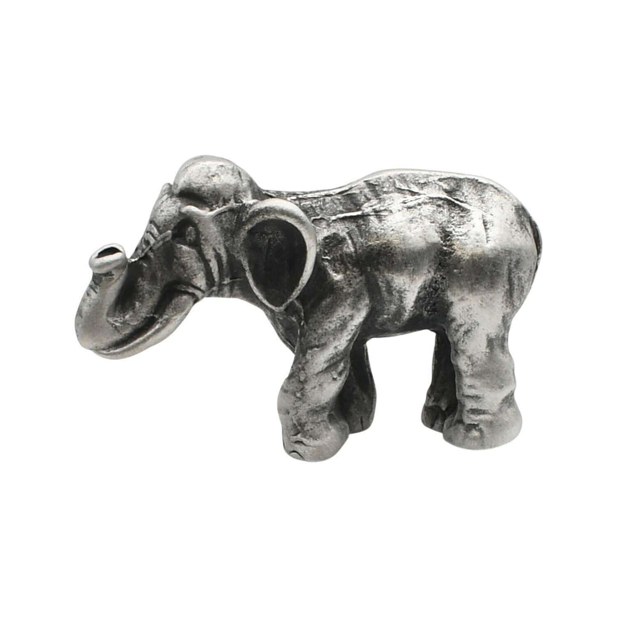 English-made pewter Asian elephant figurine ornament, first side view showing curved trunk, ears and sculpted body details