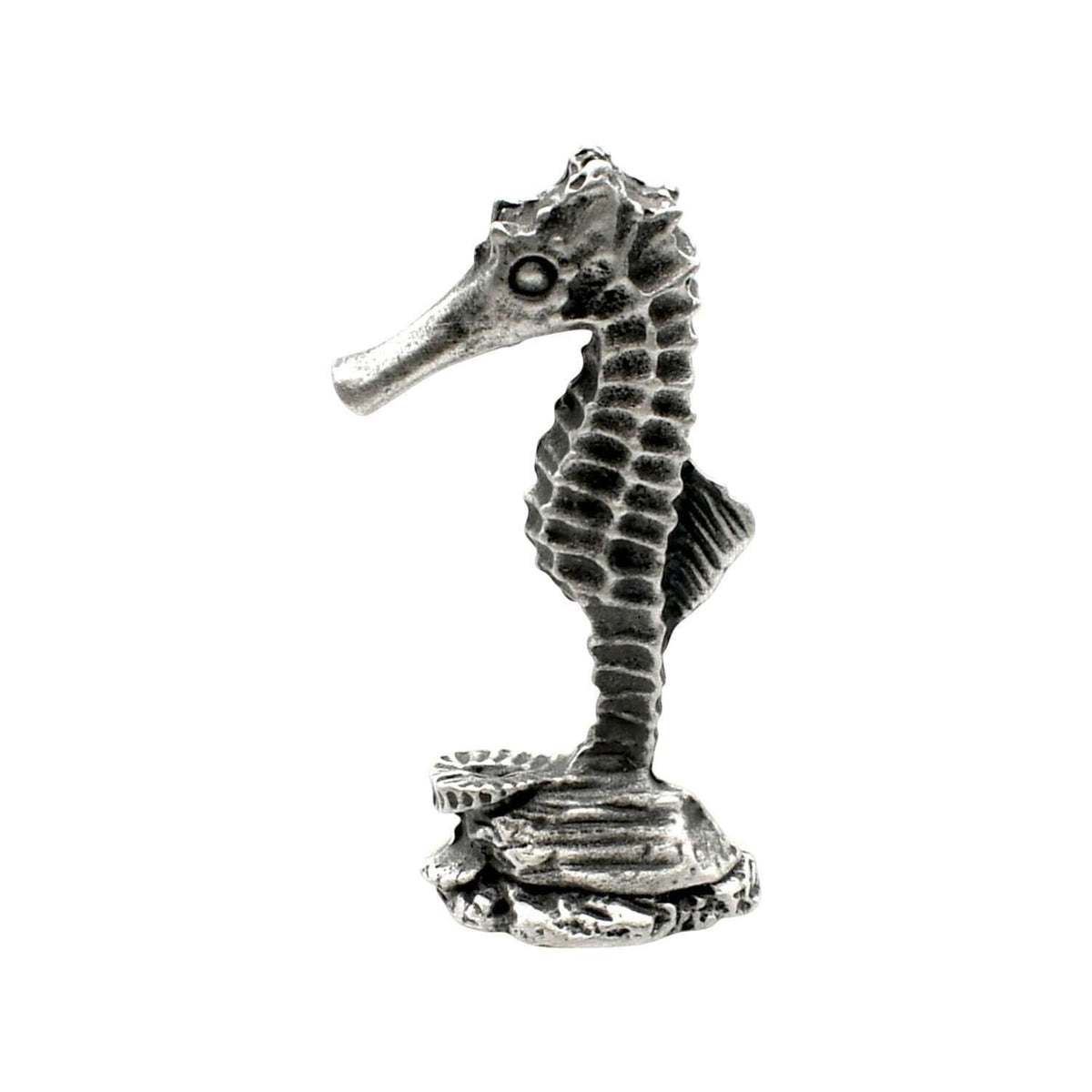 English-made pewter seahorse figurine ornament, side view showing long snout, upright ridged body and textured seabed base