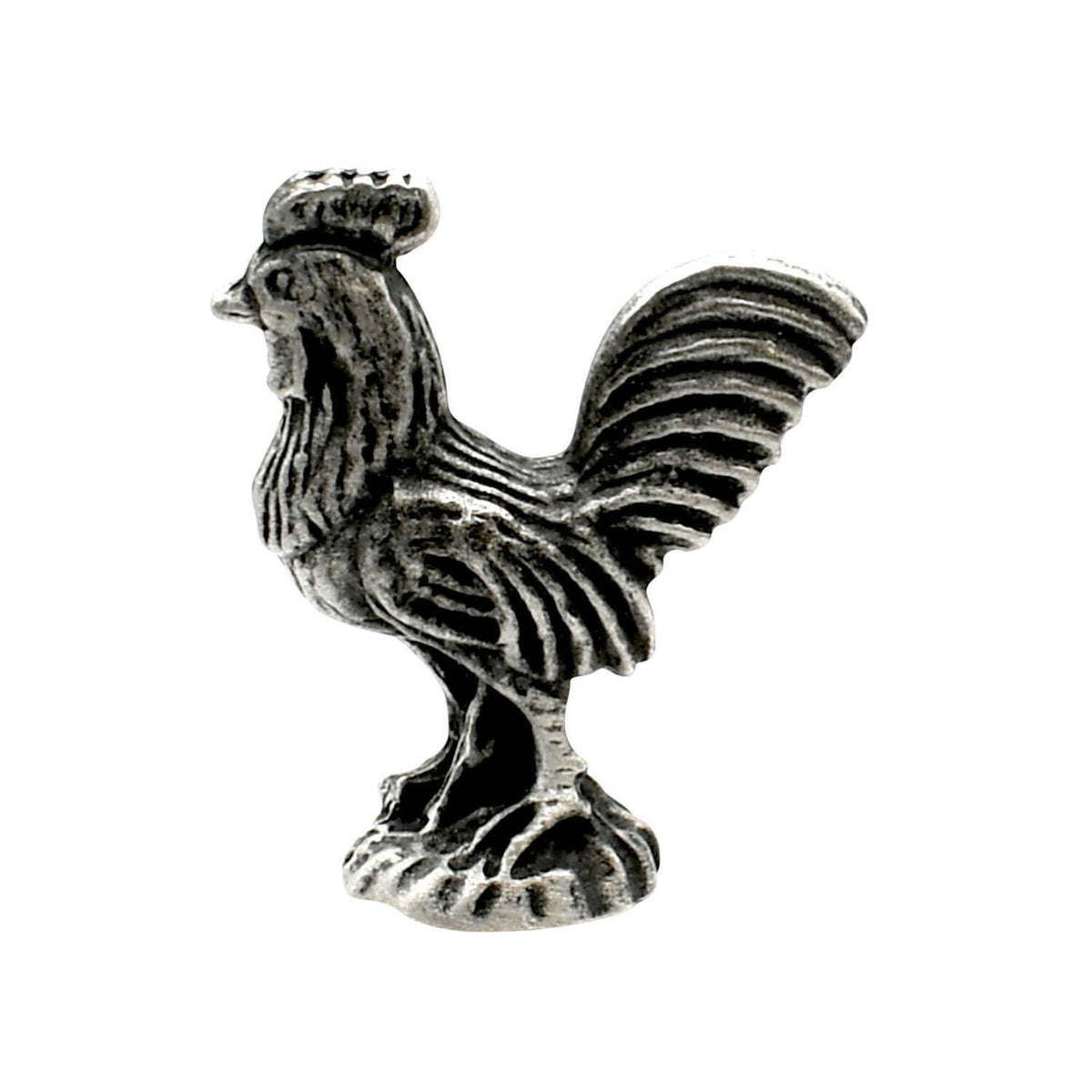 English-made pewter cockerel rooster figurine ornament, first side view showing comb, wing detail and raised tail feathers