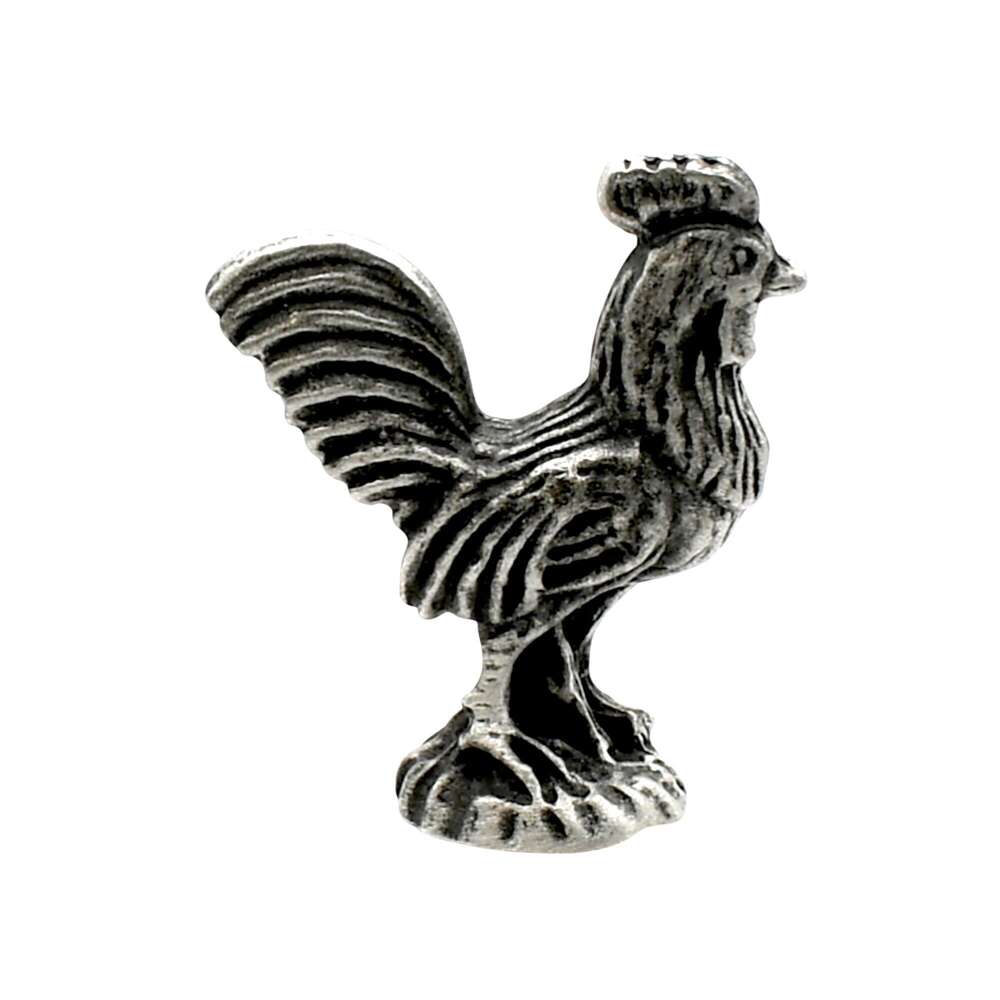 English-made pewter cockerel rooster figurine ornament, opposite side view with detailed plumage and sweeping tail