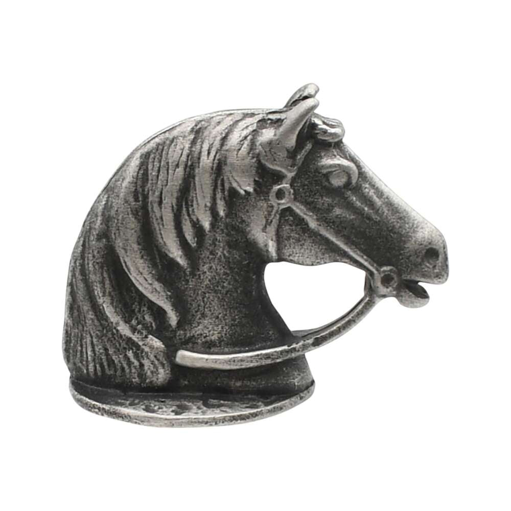 English-made pewter horse head figurine ornament, opposite side view showing the detailed bridle and mane