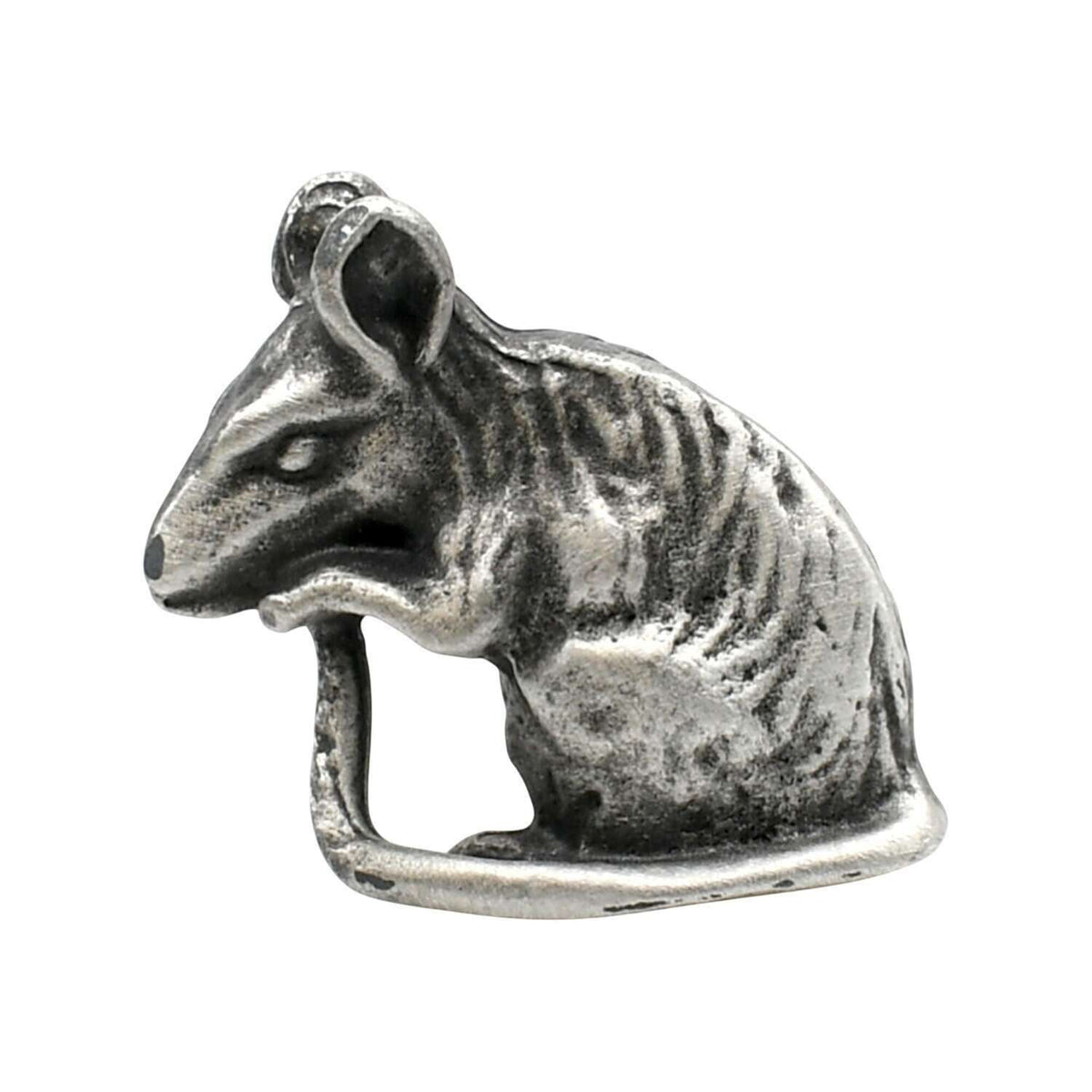 English-made pewter sitting rat figurine ornament, first side view showing rounded ears, pointed nose, textured fur and curved tail