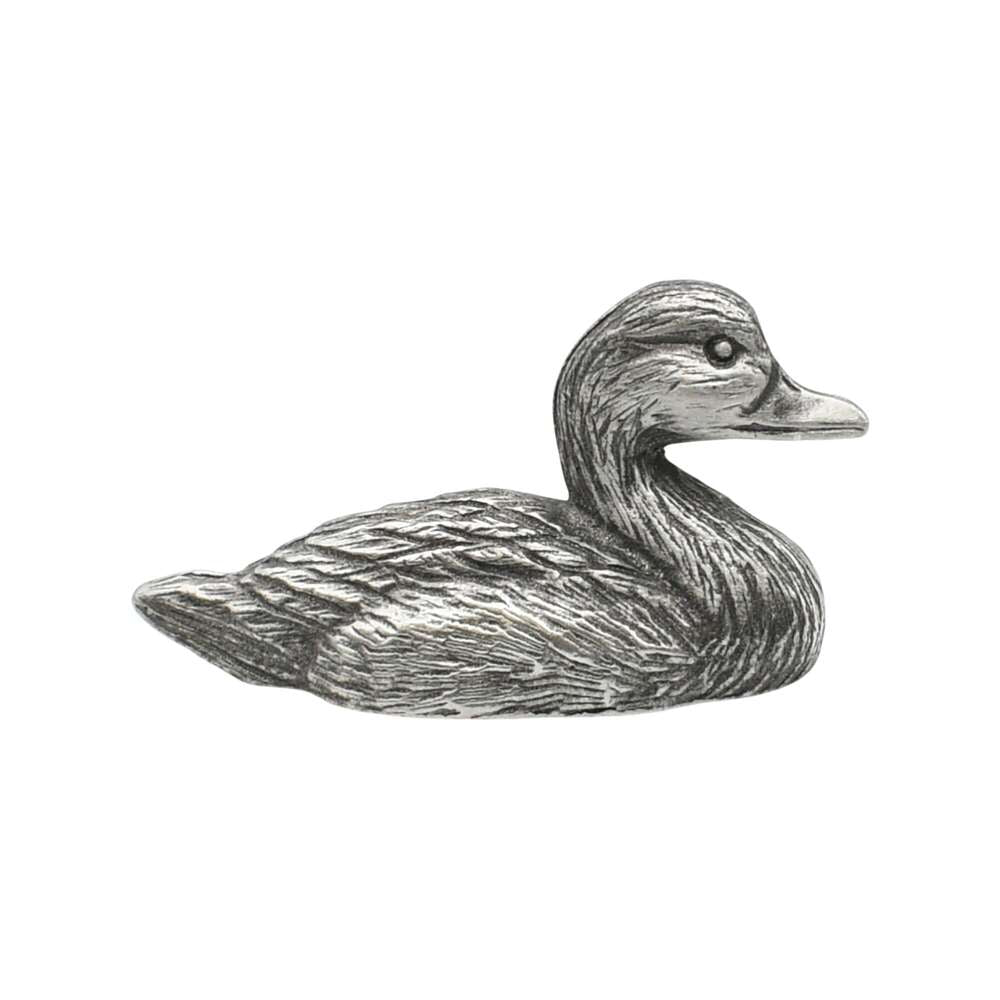 English-made pewter duck figurine ornament, opposite side view showing sculpted plumage, beak and tail