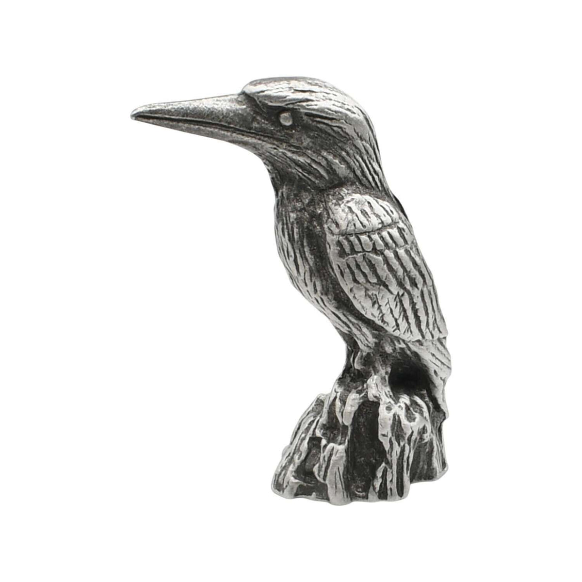 English-made pewter kingfisher ornament perched on a stump, first side view showing long beak and feather texture