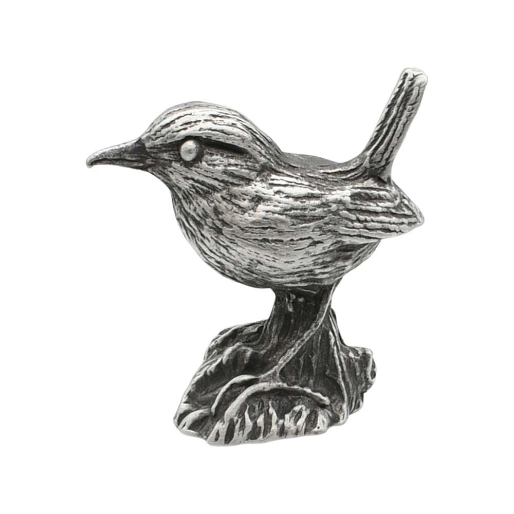 English-made pewter wren ornament, opposite side showing its raised tail, fine plumage and textured tree stump