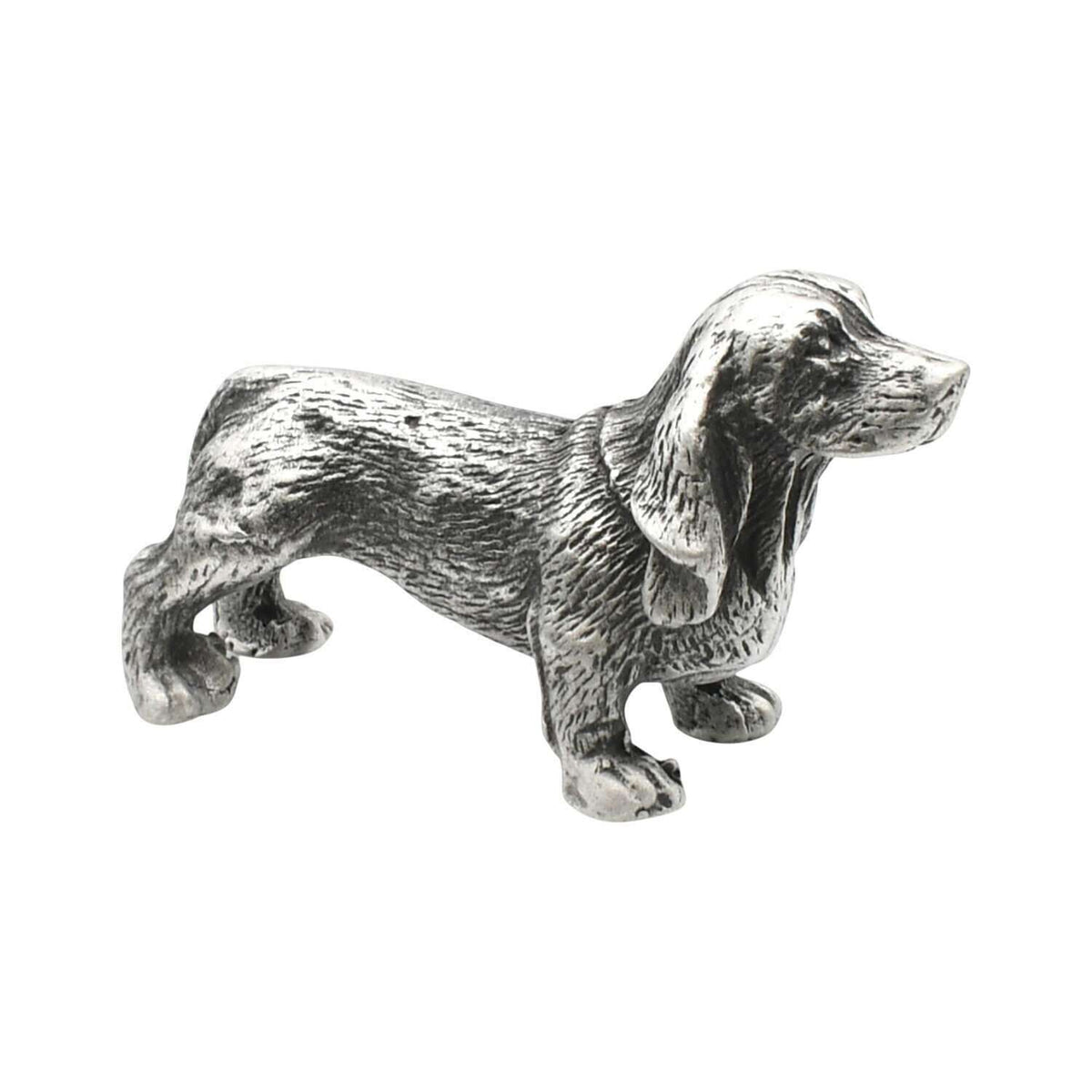English-made pewter Basset Hound figurine ornament, first side view with long ears, short legs and textured coat
