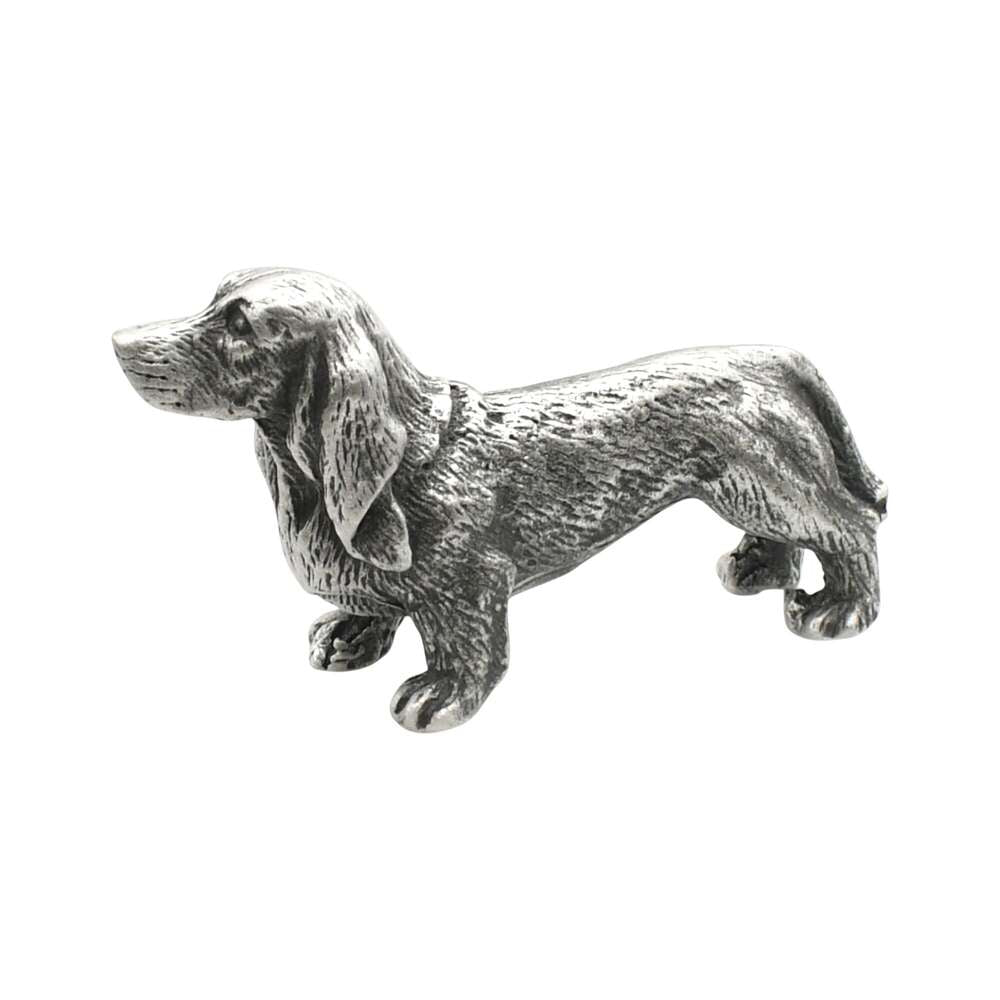 English-made pewter Basset Hound dog ornament, opposite side showing elongated body and drooping ears