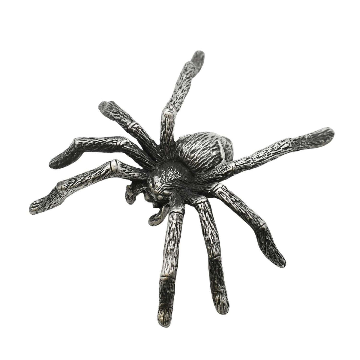 English-made pewter spider figurine ornament with eight textured legs, front top view