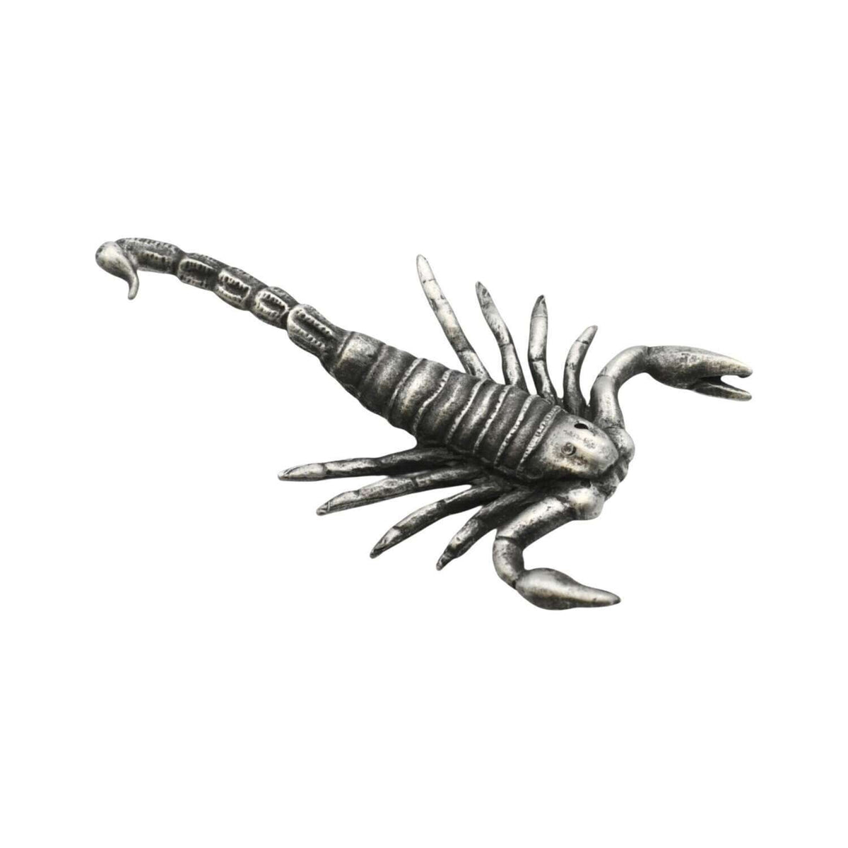 English made pewter scorpion figurine ornament with outstretched pincers, eight legs and curved stinging tail