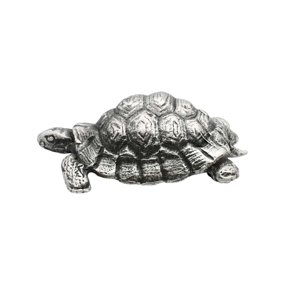 English-made pewter tortoise figurine ornament, side view showing sculpted shell and detailed feet