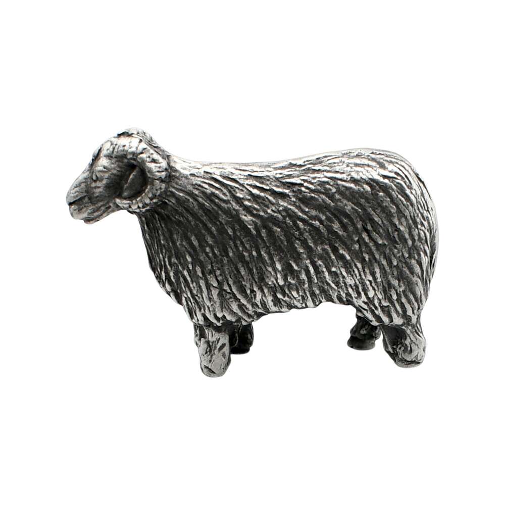 Opposite side view of English-made pewter ram figurine ornament showing textured wool and curved horns