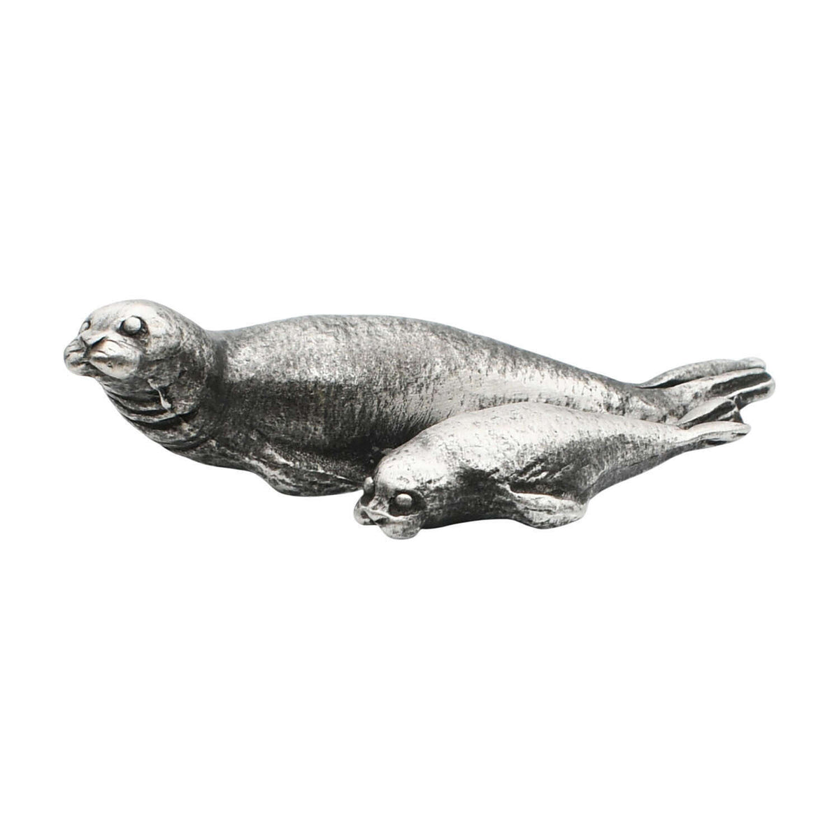 English-made pewter seal pup ornament showing a larger seal and smaller pup resting together, first view