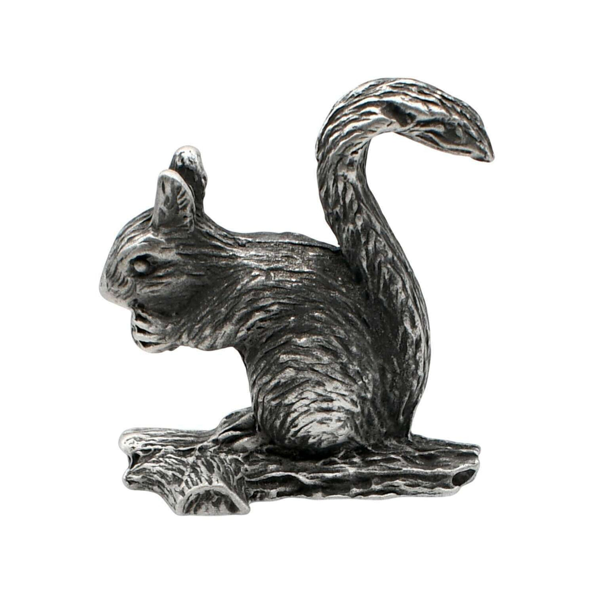 English-made pewter squirrel figurine ornament perched on a branch with upright bushy tail, first side view