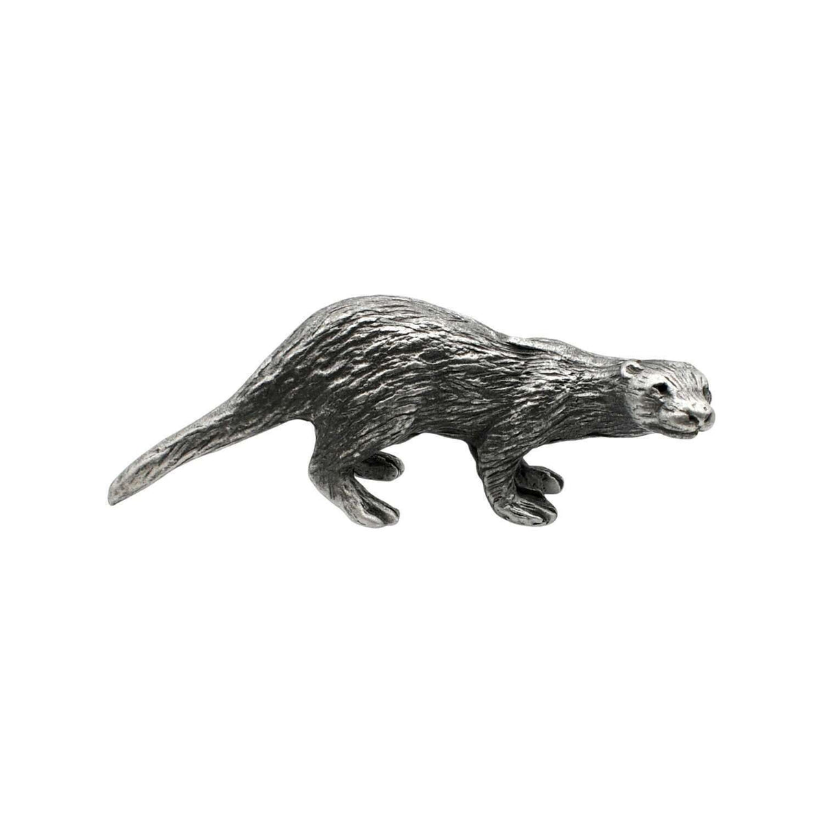 English-made pewter otter figurine ornament in walking pose showing long tail and textured fur, first side