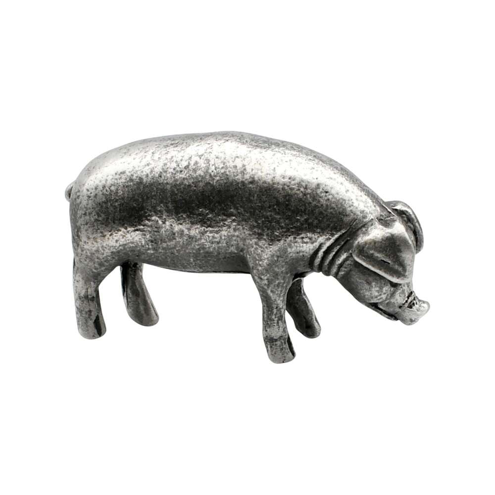 Opposite side view of English-made pewter large pig ornament showing snout, ears and four legs