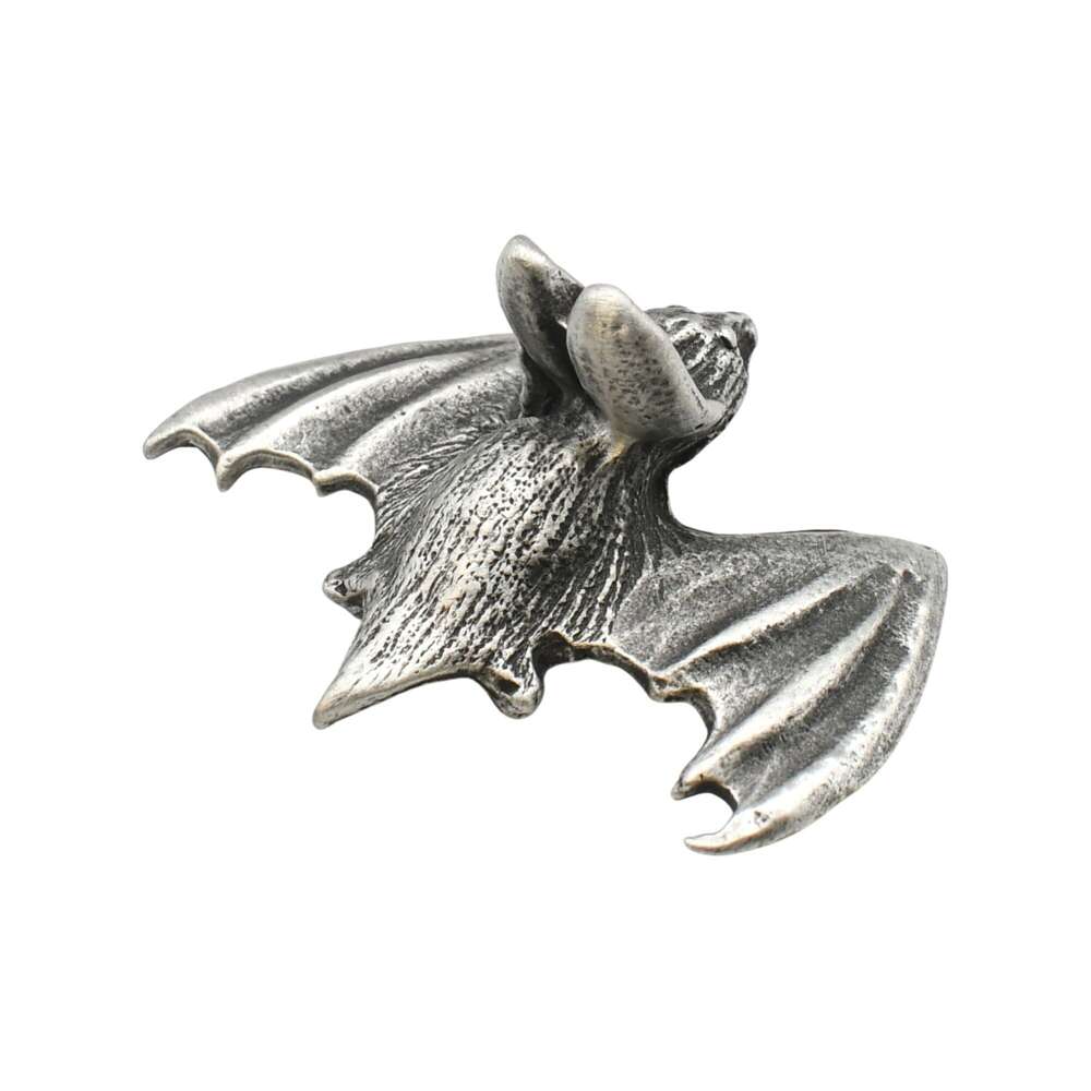 English made pewter bat figurine ornament, rear view showing textured wings XCSORN070