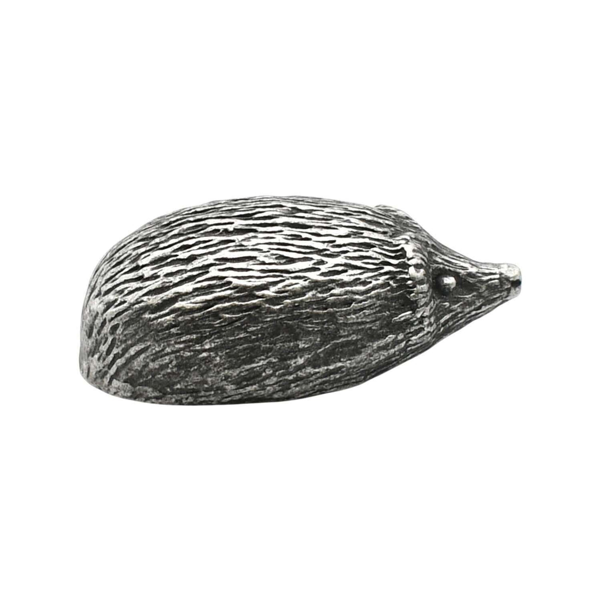 English made pewter hedgehog figurine ornament with textured spines, side profile XCSORN071