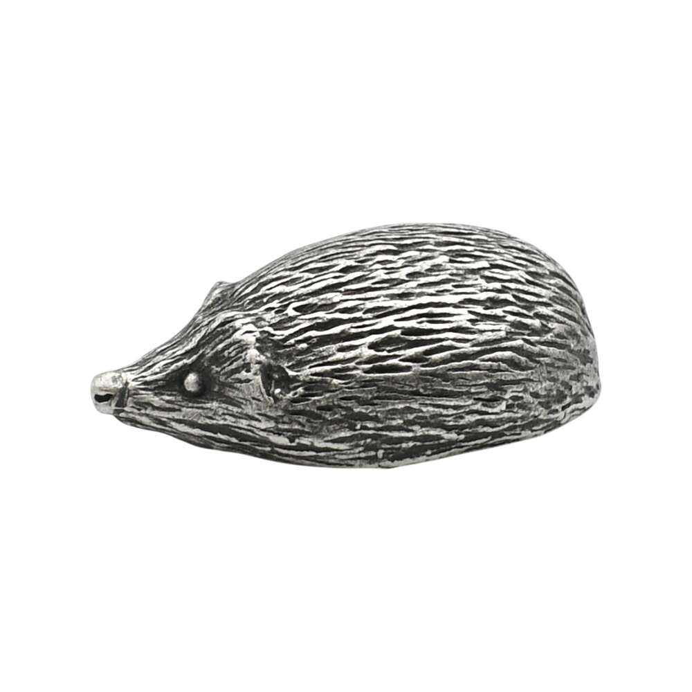 English made pewter hedgehog ornament opposite side profile showing pointed nose and detailed spines XCSORN071
