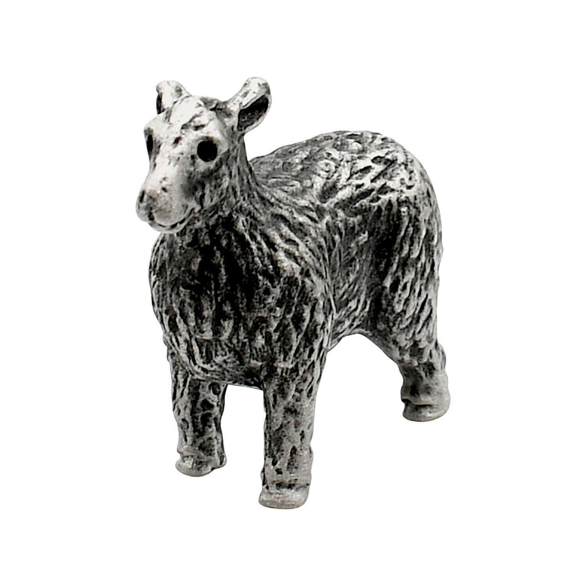 English made pewter farm yard sheep figurine ornament standing with textured fleece, front three-quarter view XCSORN074