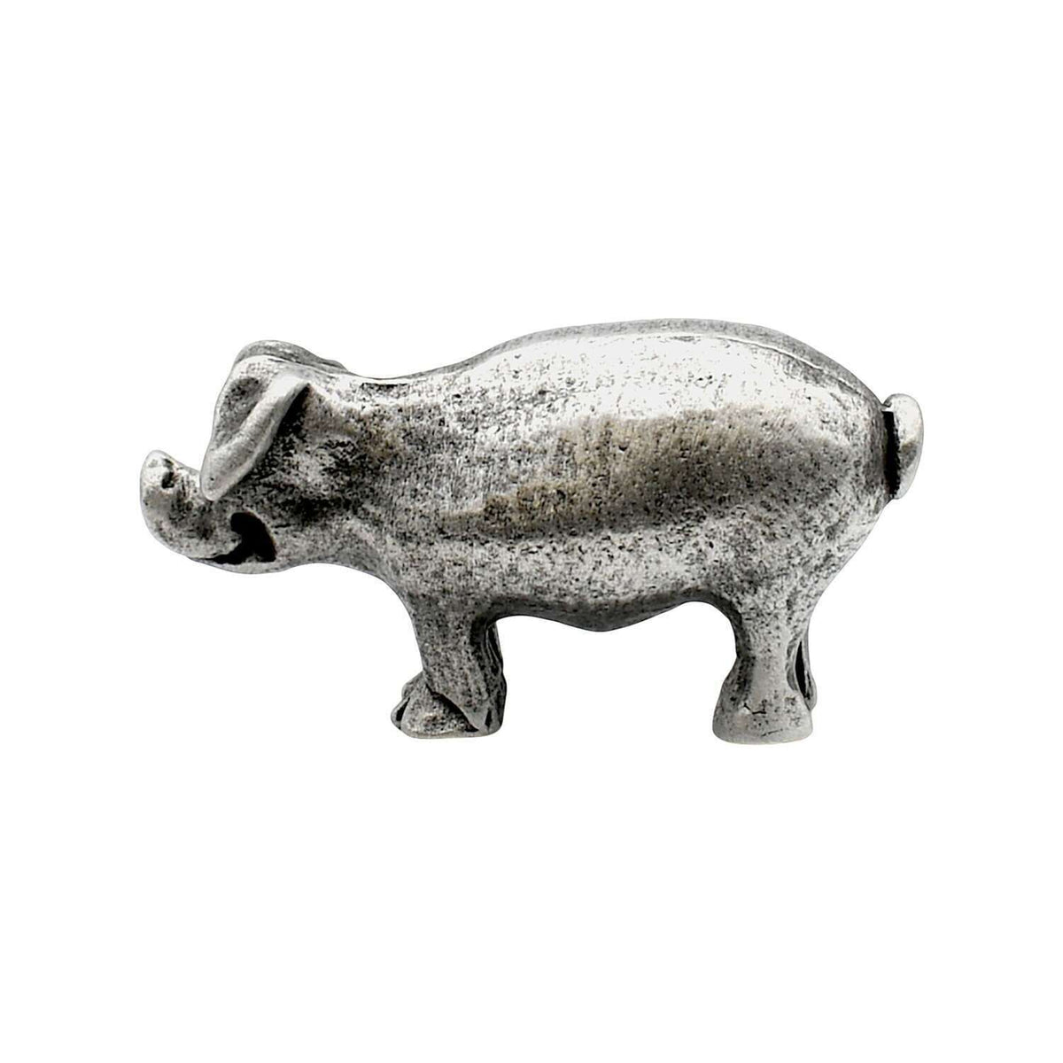 English made pewter small pig figurine ornament with floppy ears and curled tail, side view XCSORN076