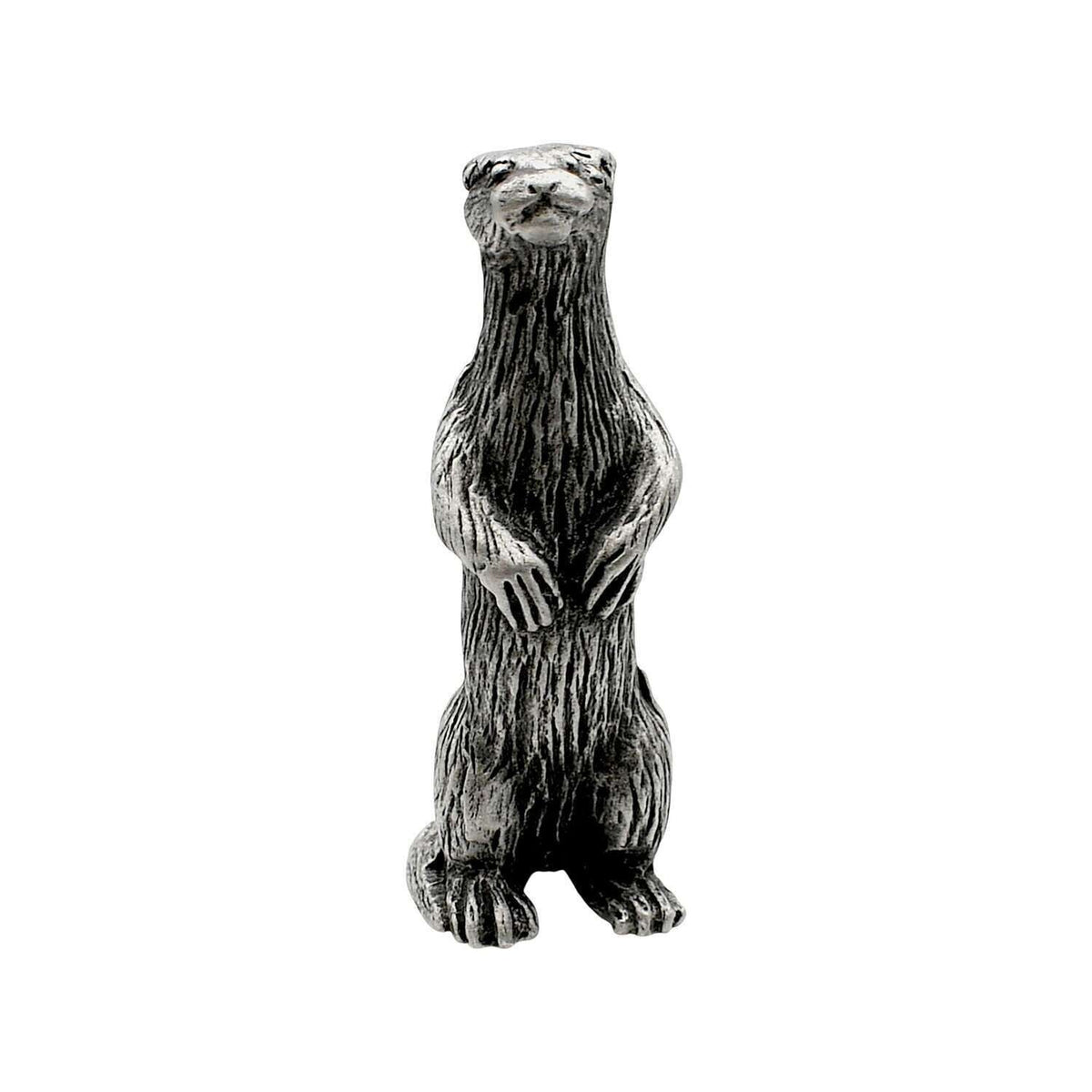 English made pewter standing meerkat figurine ornament with paws held in front, front view XCSORN079