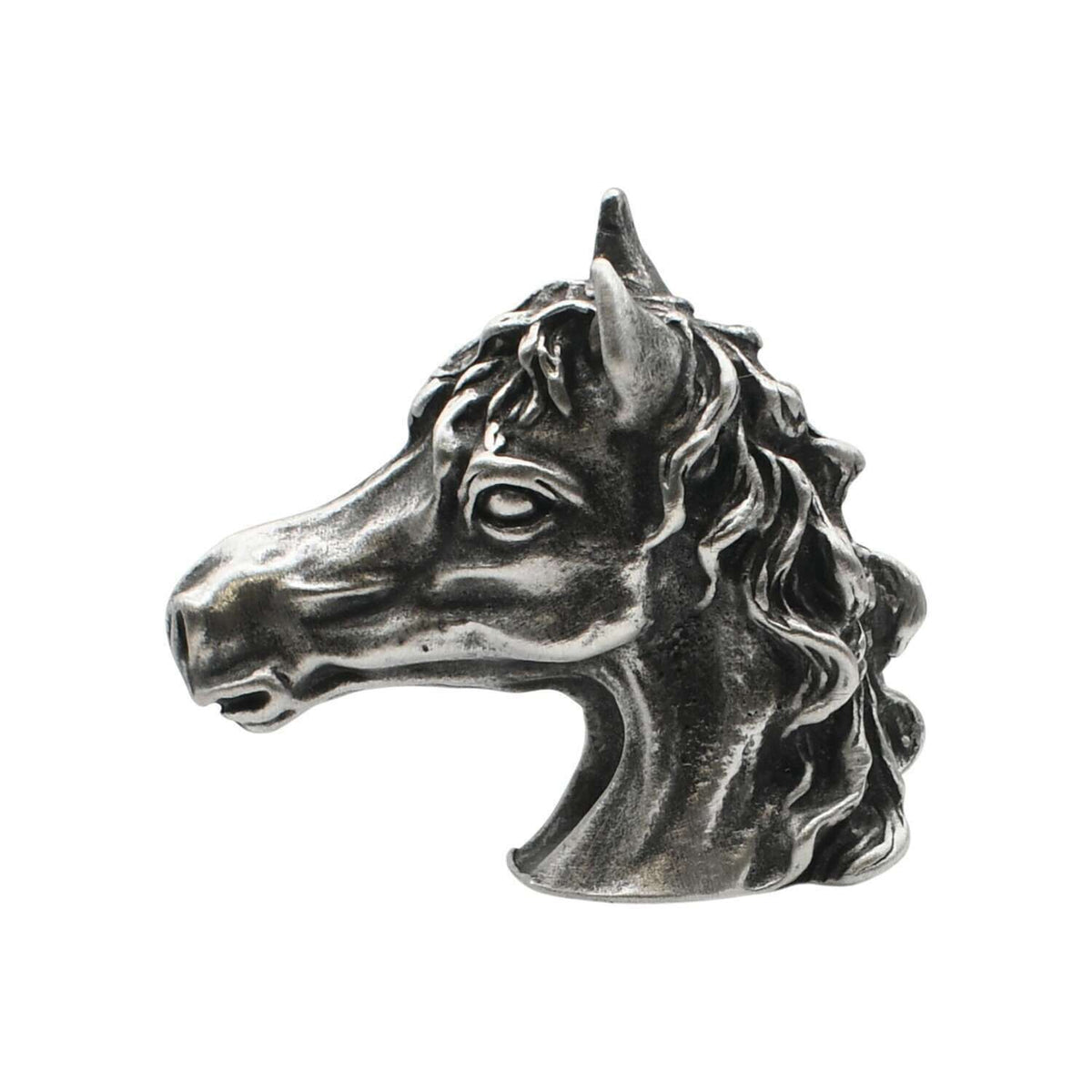 English made pewter traditional horse head bust figurine ornament with flowing mane, left profile XCSORN081