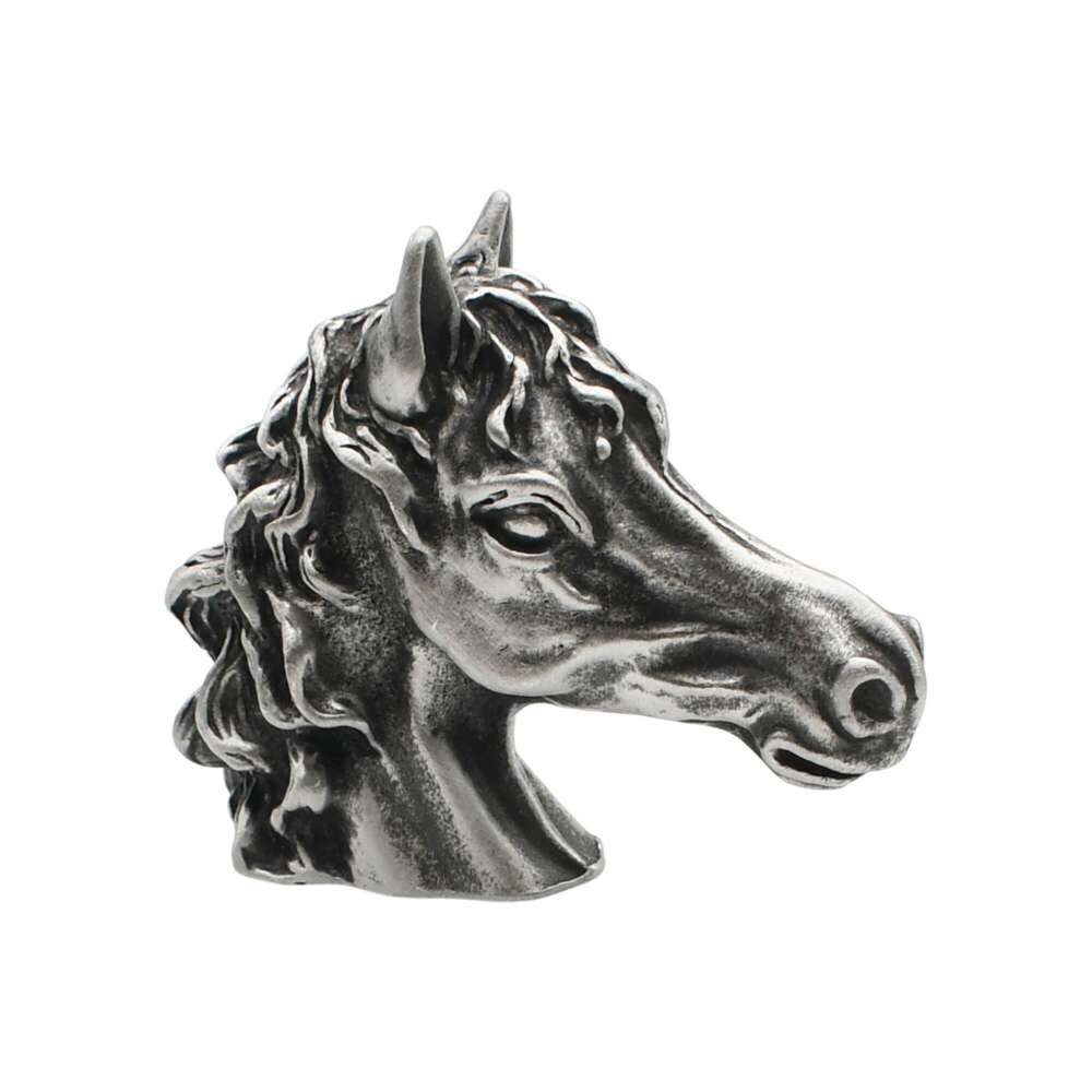English made pewter traditional horse head figurine ornament showing sculpted mane and muzzle, right profile XCSORN081