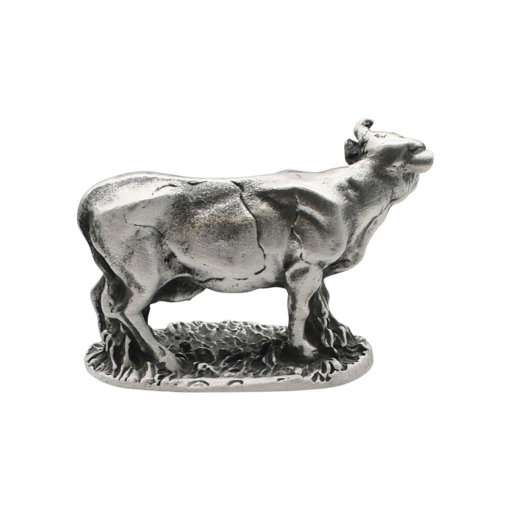 English made pewter farmyard cow ornament, reverse side showing sculpted body and grass base XCSORN083