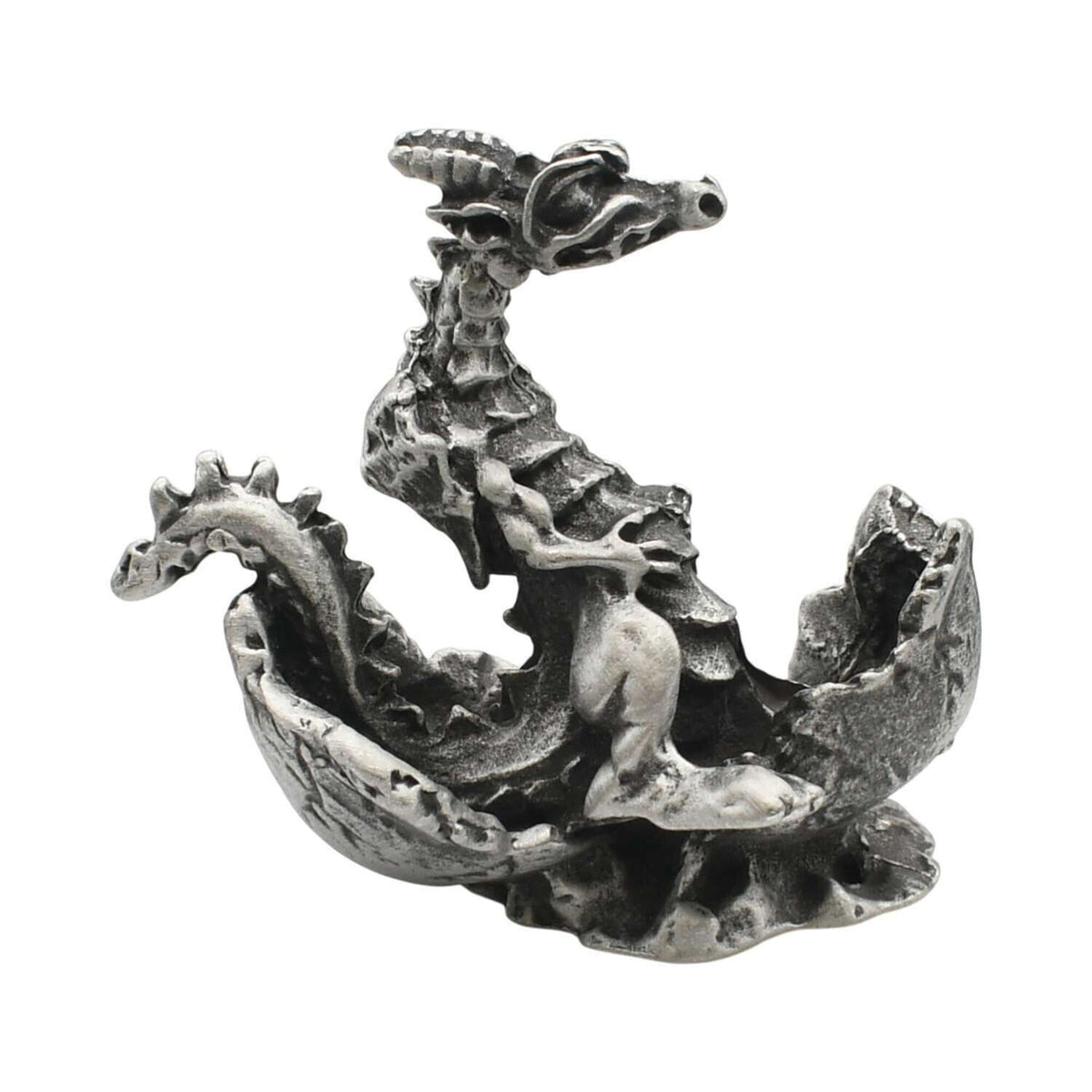 English-made pewter dragon hatching from a cracked egg, detailed wings and scales, front view XCSORN090