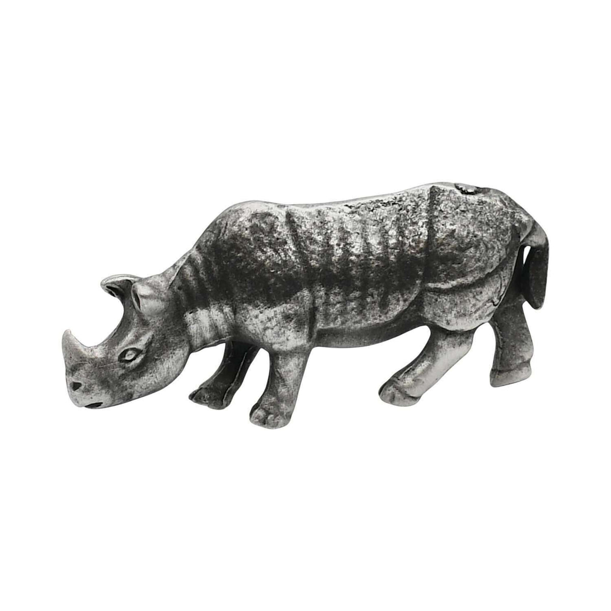 English made pewter African rhino figurine ornament showing two horns and lowered head first side view XCSORN097
