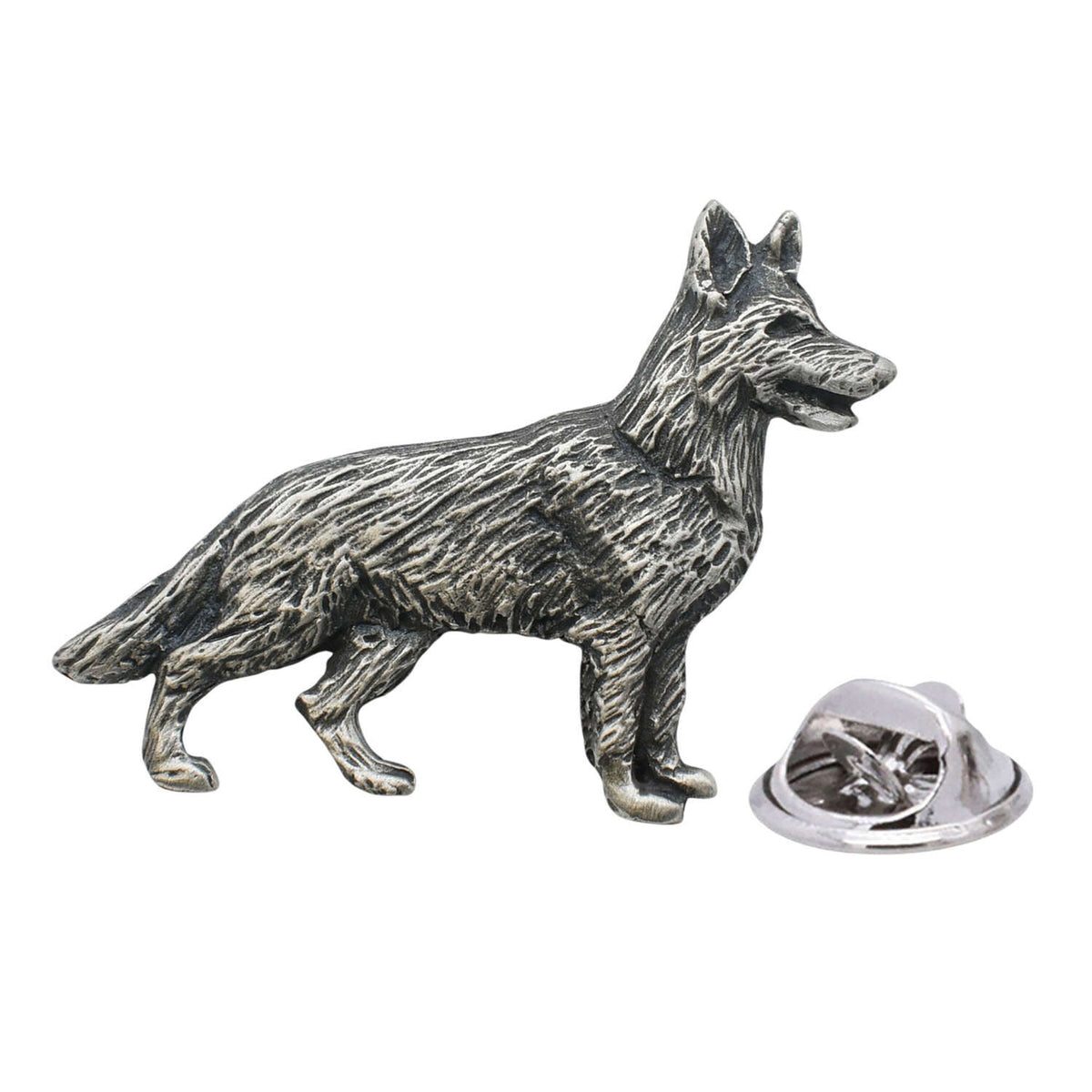 Antique finish German Shepherd dog pewter lapel pin badge with clutch fastening