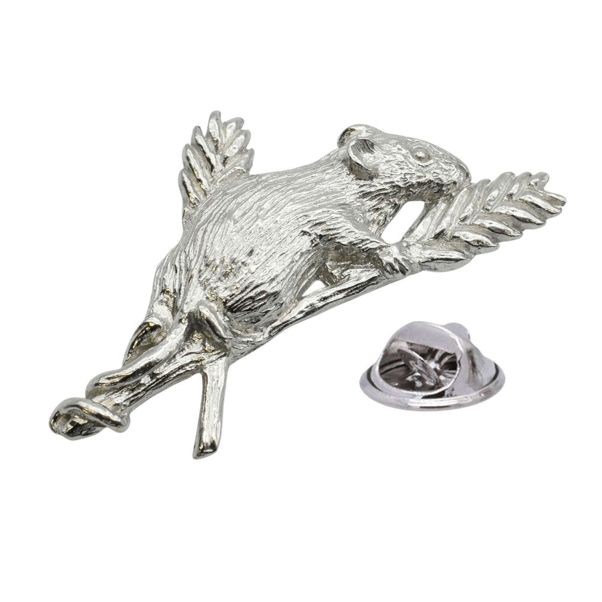 Shiny bright finish mouse pewter lapel pin badge on leafy branch with clutch fastening
