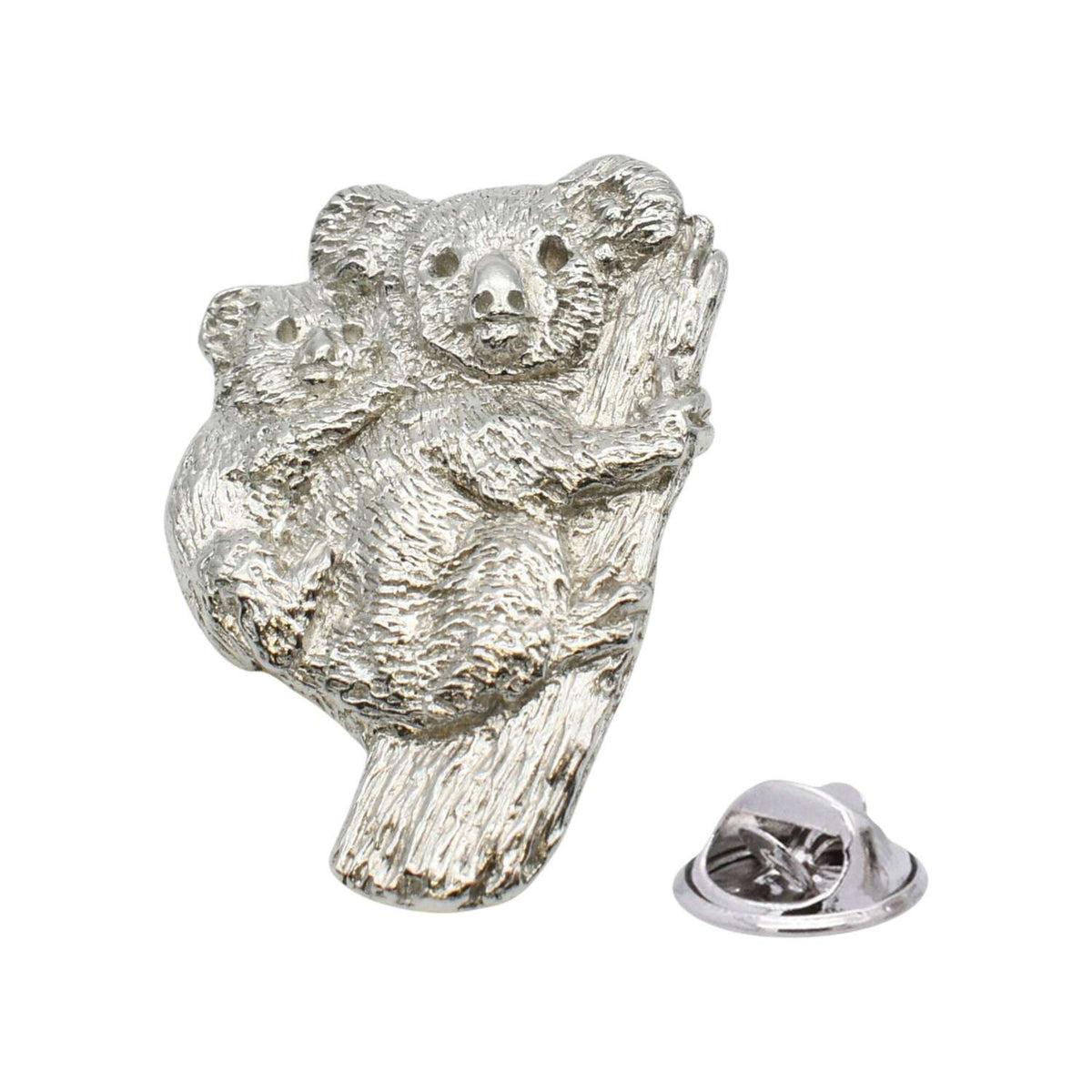 Shiny silver-coloured koala lapel pin featuring adult and baby koala on a tree