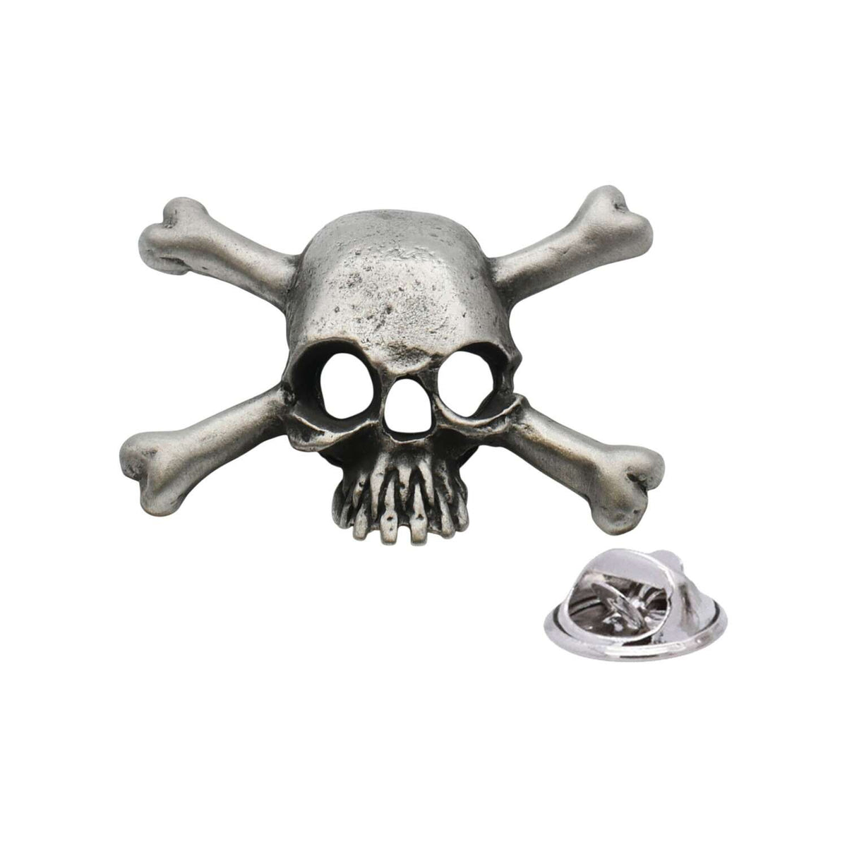 Antique silver-coloured skull and crossbones lapel pin badge with butterfly clasp