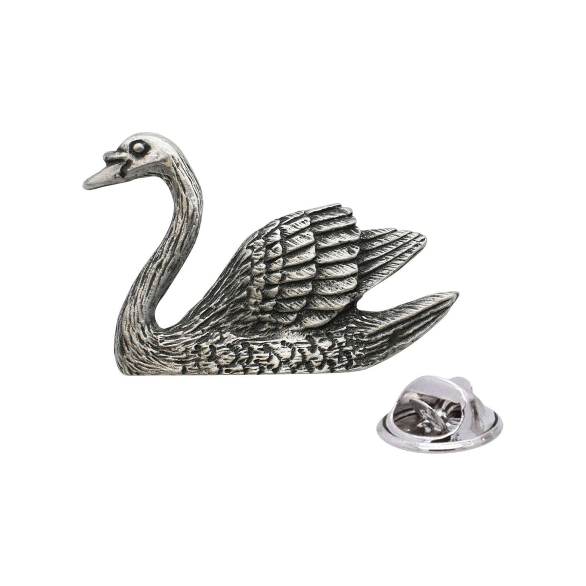 Antique silver-coloured swan lapel pin badge with curved neck, detailed wings and butterfly clasp