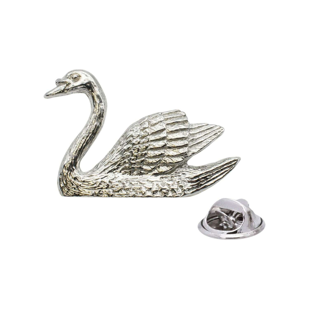 Shiny bright silver-coloured swan lapel pin badge with curved neck, detailed wings and butterfly clasp
