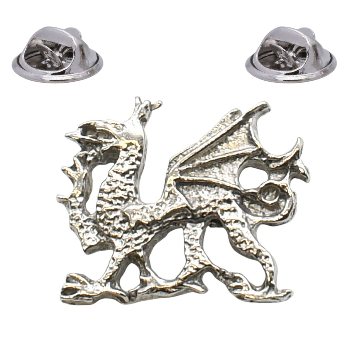 Bright silver-coloured Welsh dragon lapel pin with raised wing and two butterfly clasps