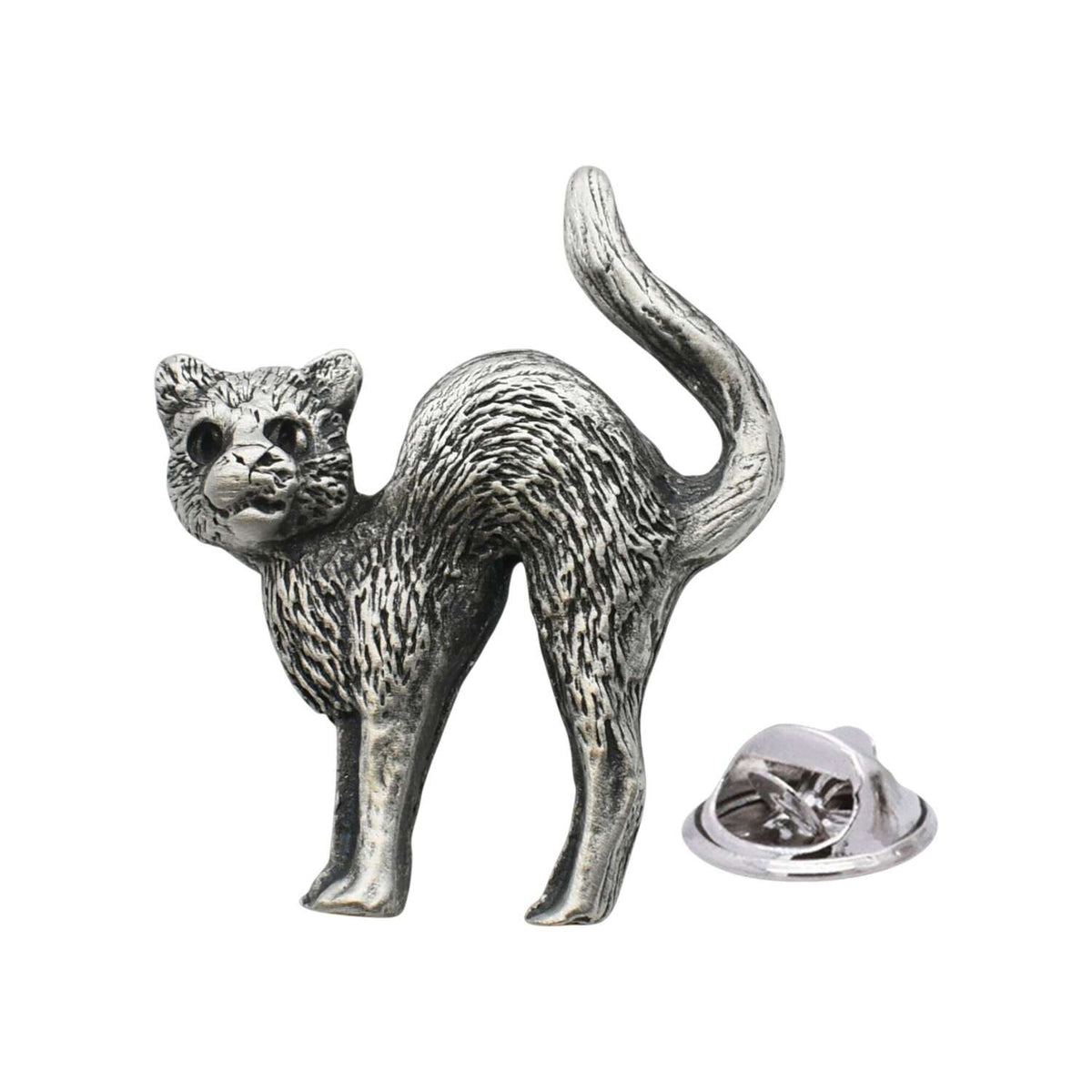 Antique silver-coloured cat lapel pin badge with arched back, raised tail and butterfly clasp