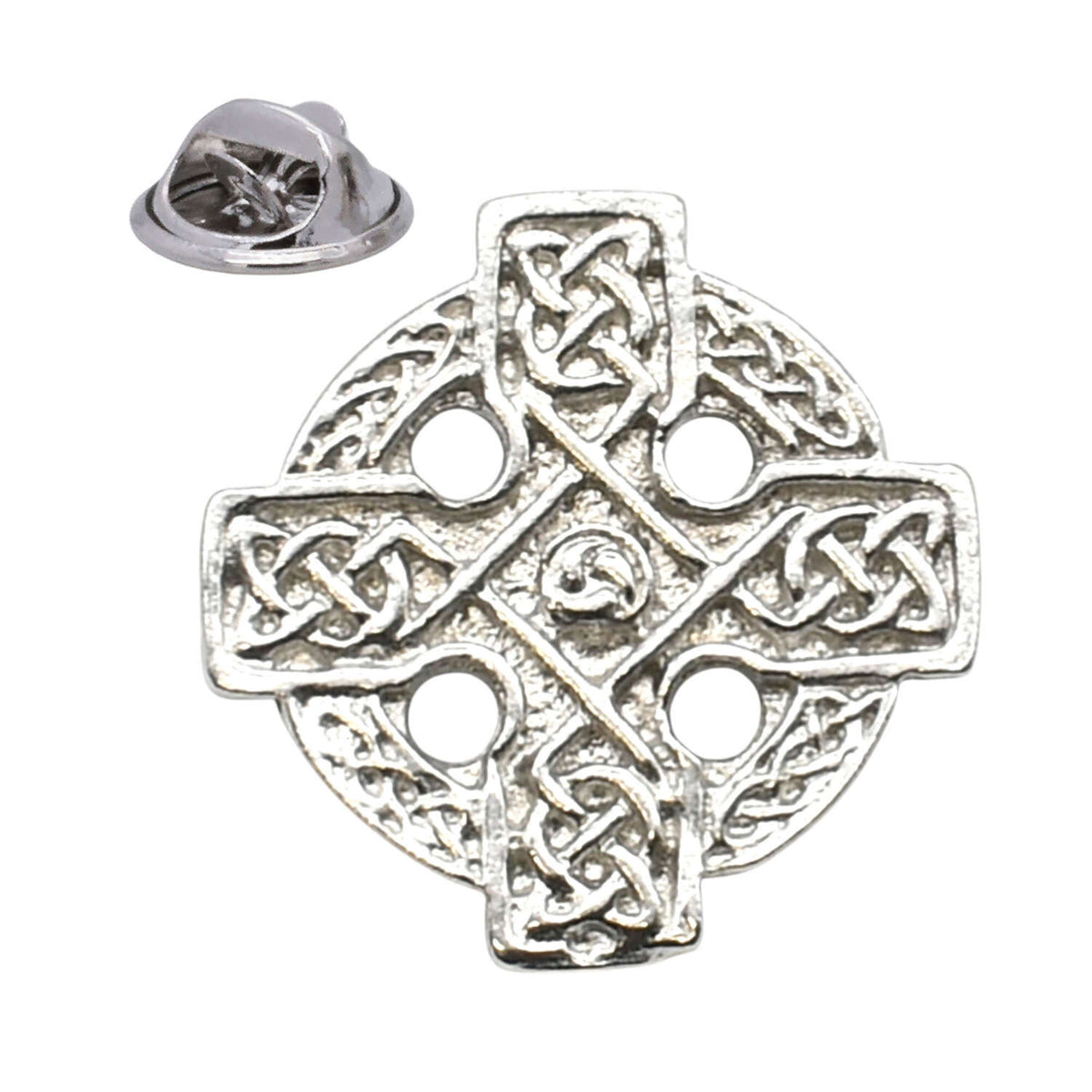 Bright silver-coloured Celtic cross lapel pin badge with ornate knotwork and butterfly clasp